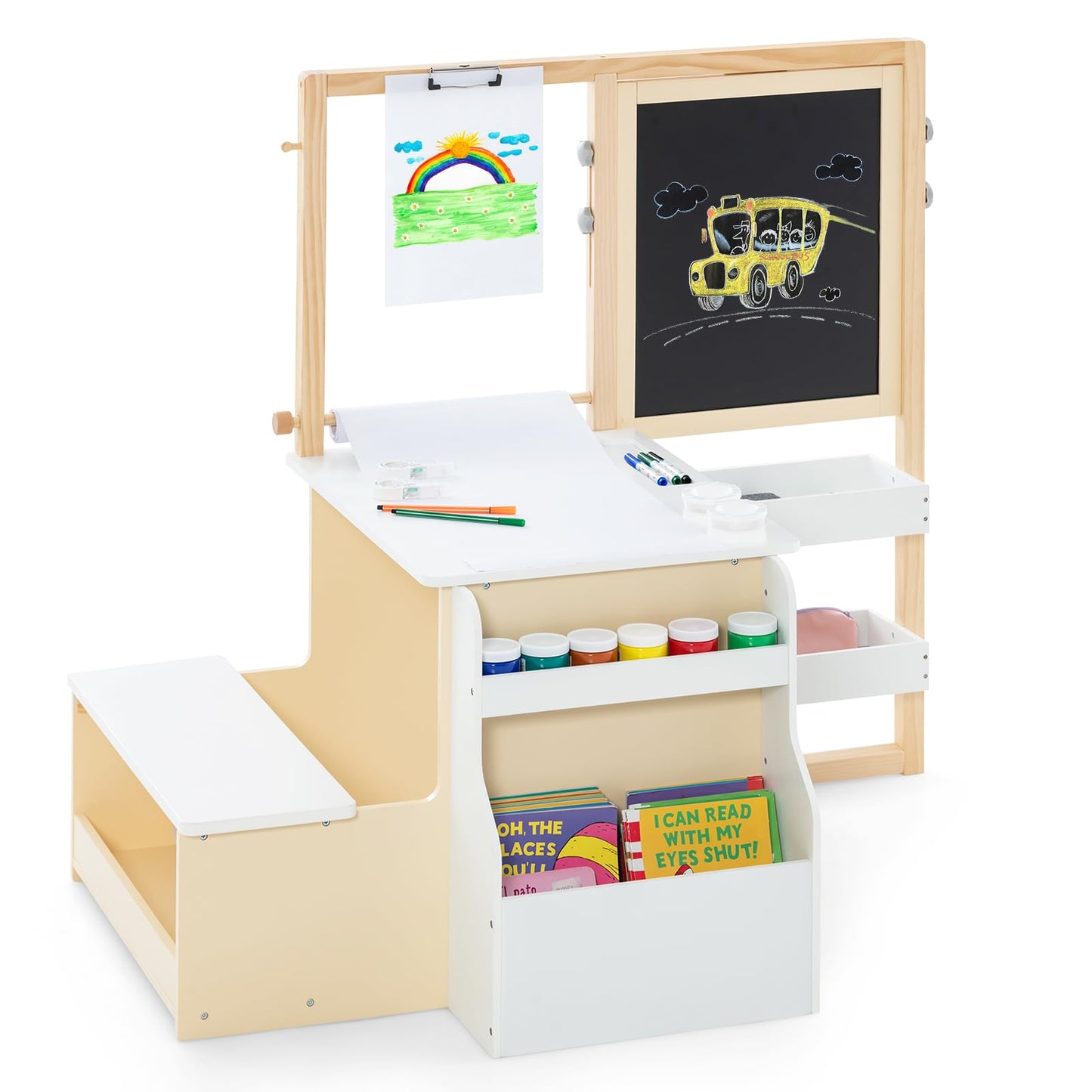 OLAKIDS 3 in 1 Kids Art Table and Chair Set, Toddler Wood Activity Desk with Double-Sided Easel, Children Furniture
