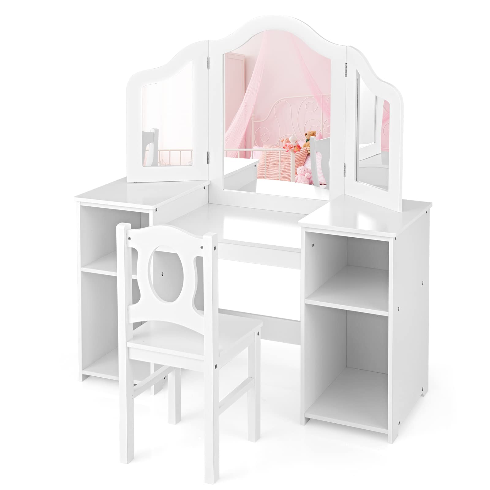 2 in 1 Princess Makeup Desk & Chair Set with Tri-Folding Detachable Mirror OLAKIDS