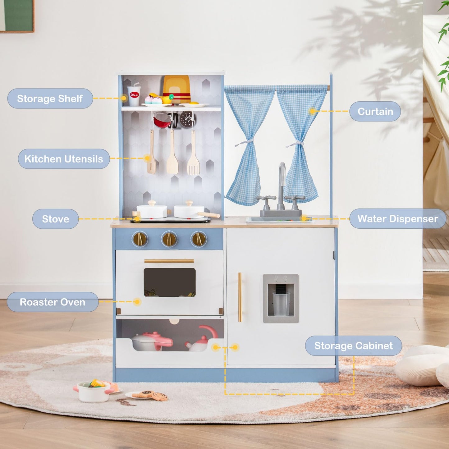 OLAKIDS Kid Kitchen Playset, Toddler Wooden Pretend Cooking Set with Realistic Light & Sound, Stove, Microwave