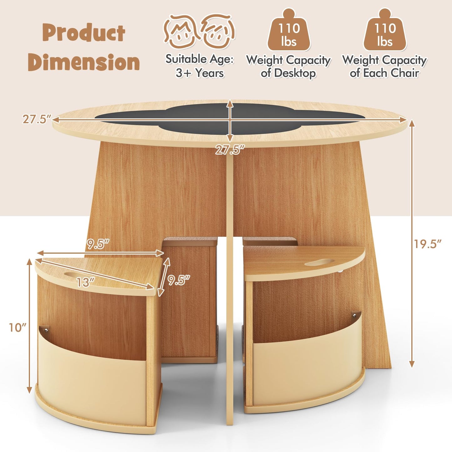 OLAKIDS Toddler Table and Chair Set with 4 Storage Stools, Wooden Flower Shaped Nesting Table with Blackboard Drawers