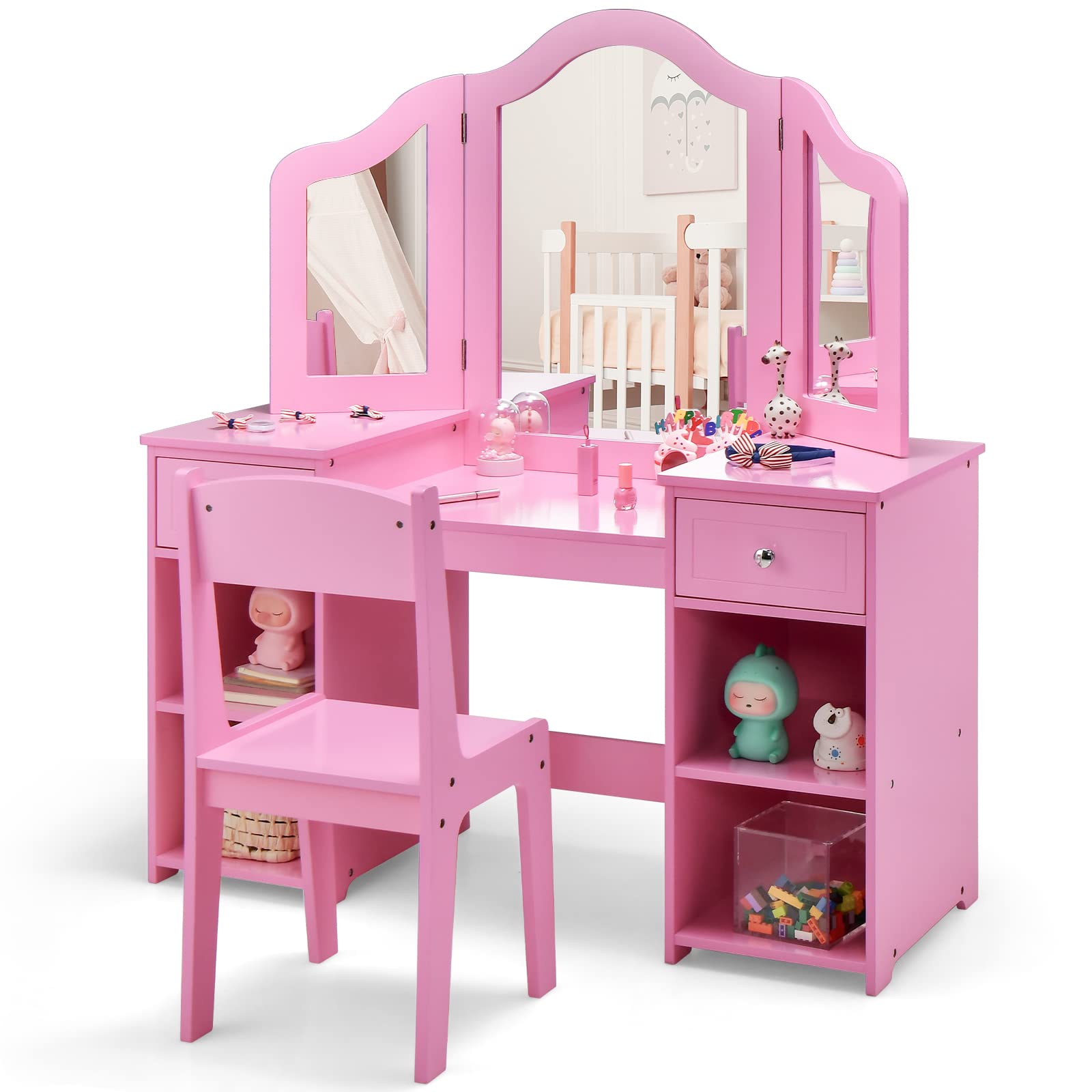 OLAKIDS Kids Vanity, 2 in 1 Princess Makeup Desk and Chair Set