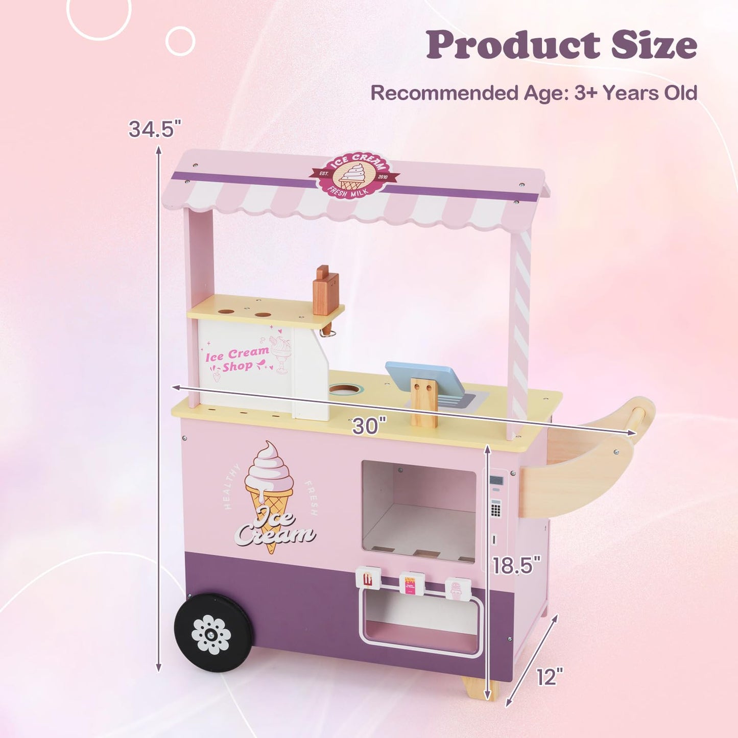 OLAKIDS Ice Cream Cart Grocery Store Marketplace Toy, Market Stand Shop Pretend Play Set with Accessories Gift for Ages 3+