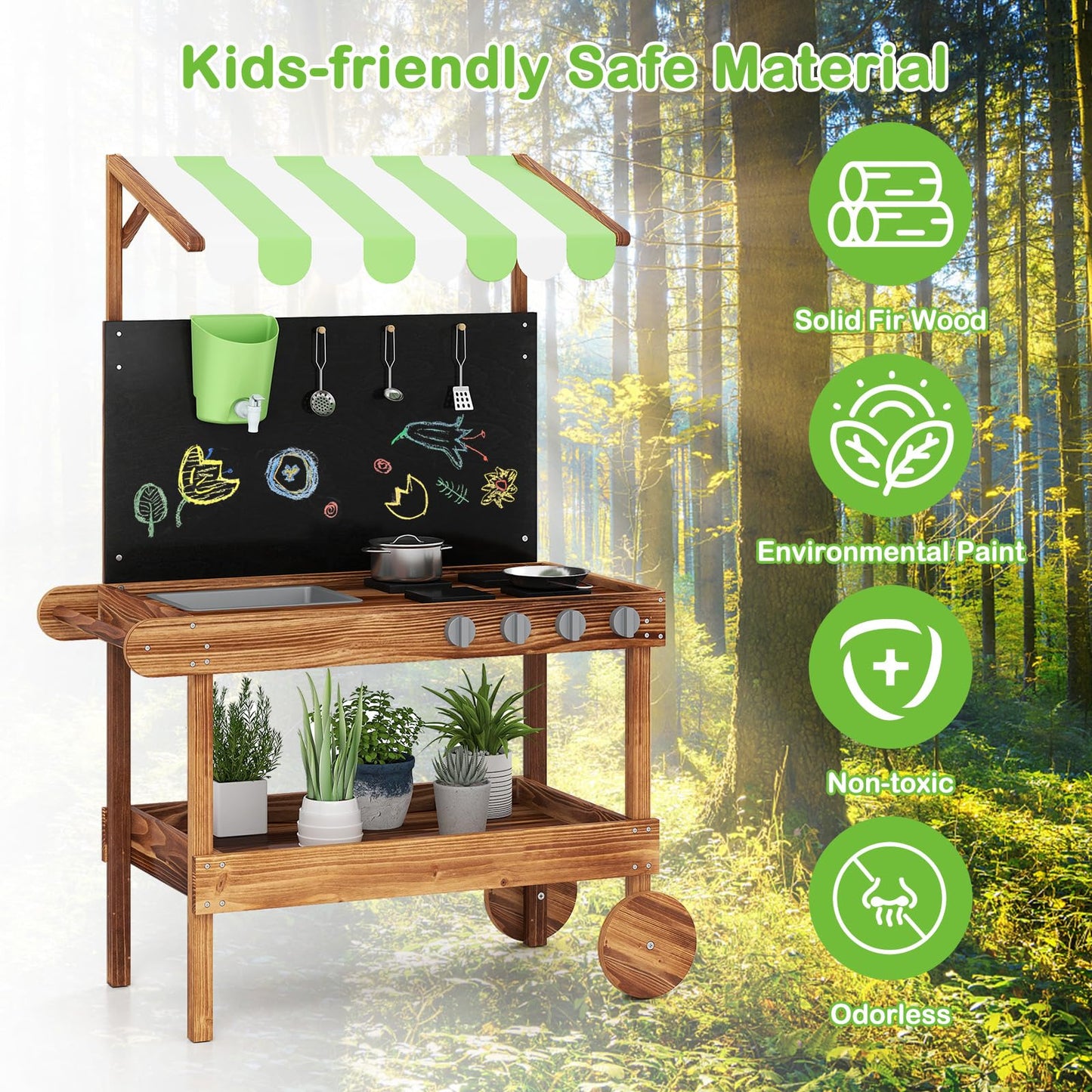 OLAKIDS Mud Kitchen, Outdoor Play Kitchen with Drawing Board, Real Water Flow, Wooden Kids Kitchen Playset Gift