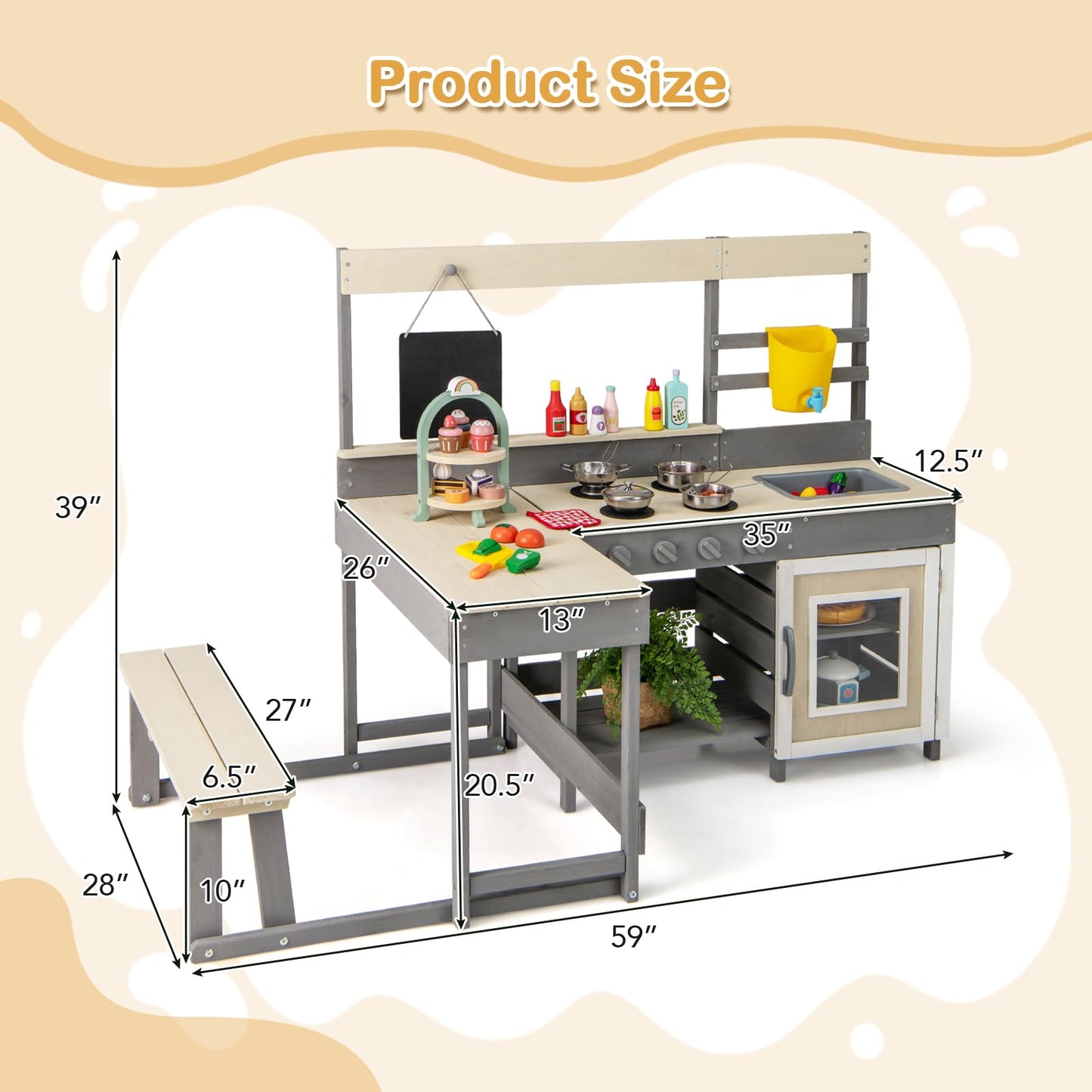 OLAKIDS Mud Kitchen, Outdoor Play Kitchen with Faucet Chalkboard Stoves Removable Sink Cooking Accessories Wooden Kids Kitchen Playset