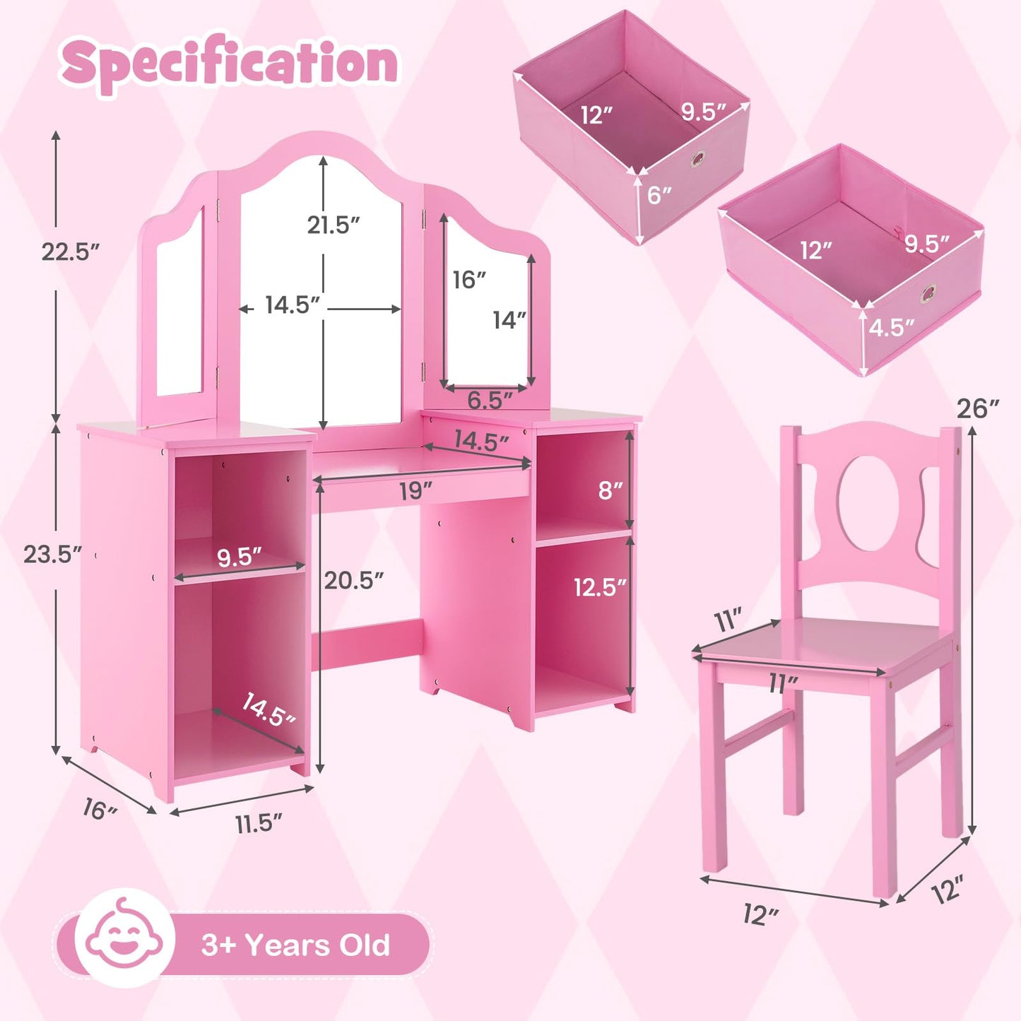 OLAKIDS Kids Vanity, 2 in 1 Princess Makeup Desk and Chair Set with 4 Drawers Tri-Folding Detachable Mirror, Wooden Dressing Table