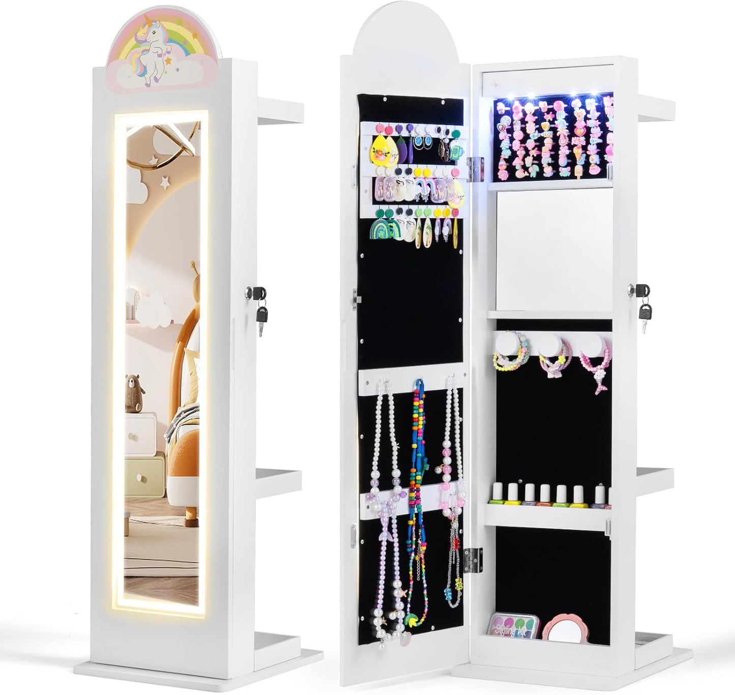 OLAKIDS Kids Jewelry Armoire Cabinet, 360° Swivel Lockable Standing Makeup Organizer with Interior Lights, Rotatable Full-Length LED Vanity Mirror with Foldable Fabric Drawer for Girls
