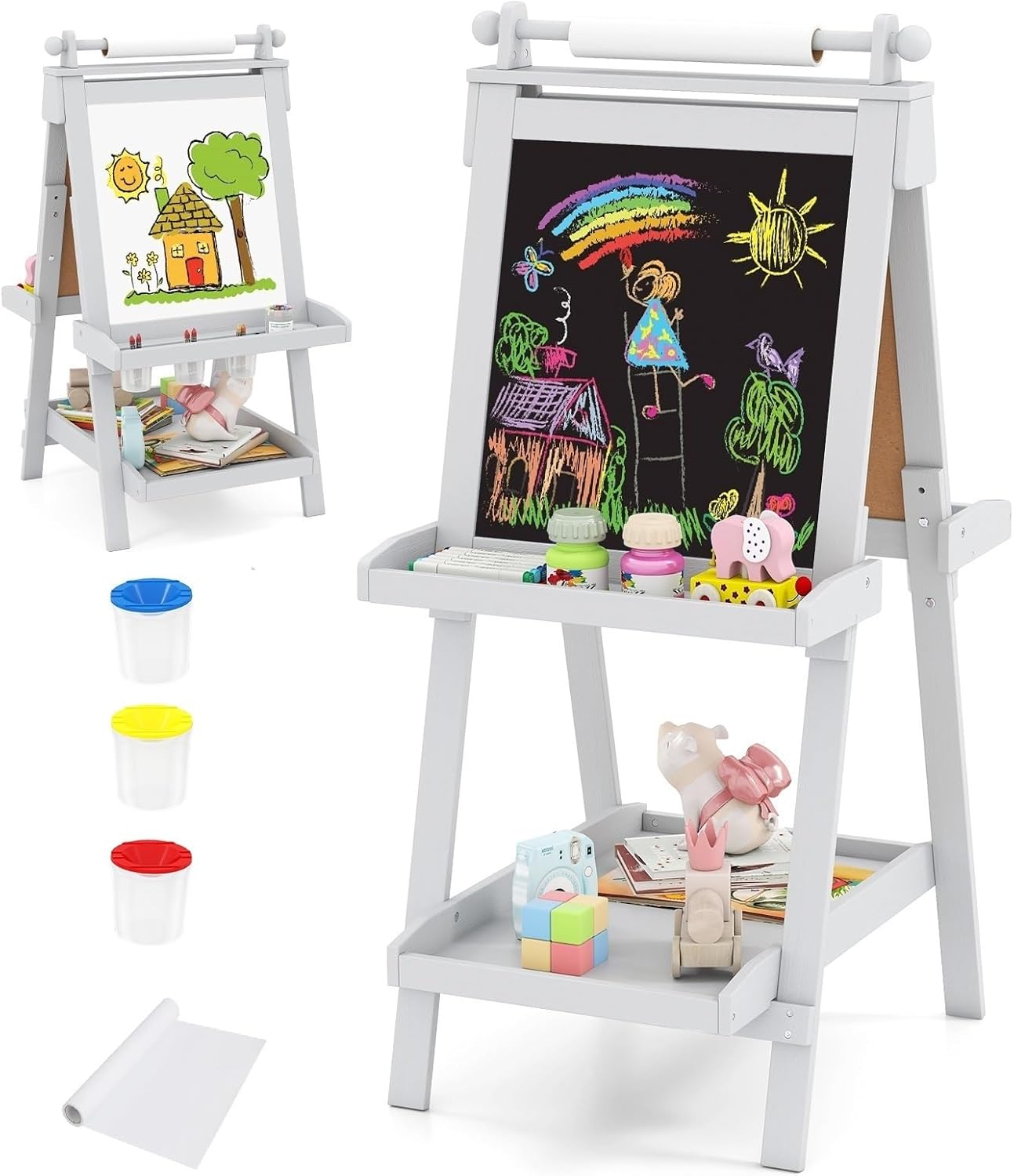 OLAKIDS Easel for Kids, 3 in 1 Adjustable Painting Art Board, Foldable Double-Sided Wooden Drawing Chalkboard Magnetic Whiteboard with Paper Roll, Storage Rack, Cups for Boy Girls