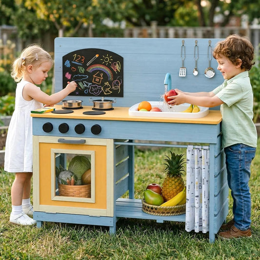 OLAKIDS Mud Kitchen, Kids Outdoor Wooden Kitchen Play Set with Removable Sand Water Sink Cover Cloth Faucet Chalkboard Stoves