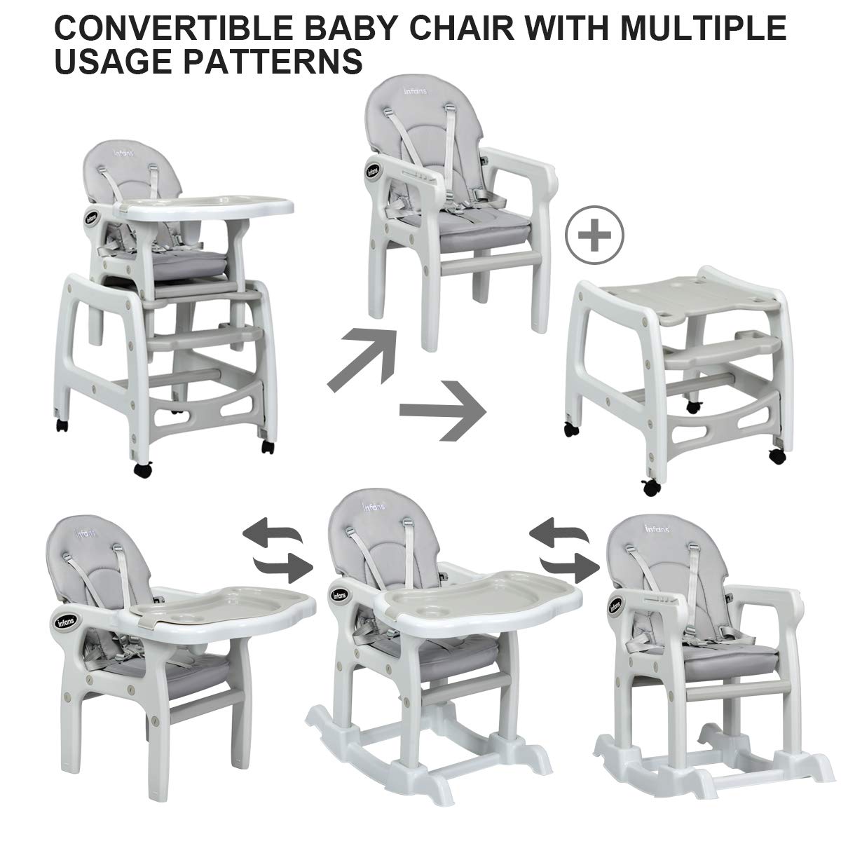 3-in-1 Convertible Baby High Chair with Removable Trays OLAKIDS