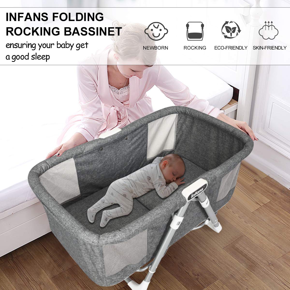 OLAKIDS 2 in 1 Rocking Bassinet for Newborn Baby One Second Fold Travel Crib with Detachable Thicken Mattress