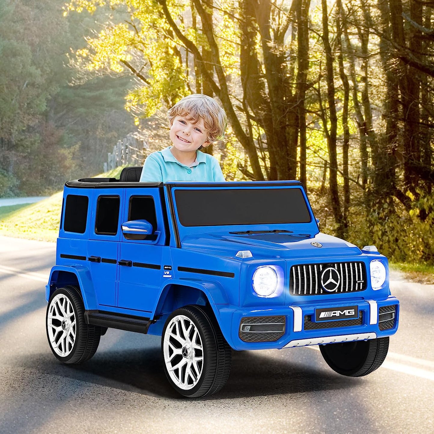 OLAKIDS 12V Kids Ride On Car, Licensed Mercedes Benz G63 Electric Vehicle with Remote Control, Double Open Doors, Music, Bluetooth, 2 Speeds, Wheels Suspension, Battery Powered Driving Toy (White)