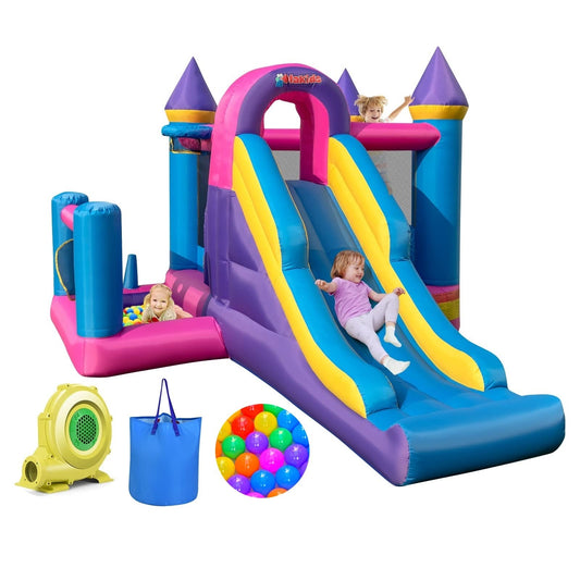 OLAKIDS Inflatable Bounce House, Kids Pink Jumping Castle with Slide, Ball Pit, Climbing Wall, Basketball Rim