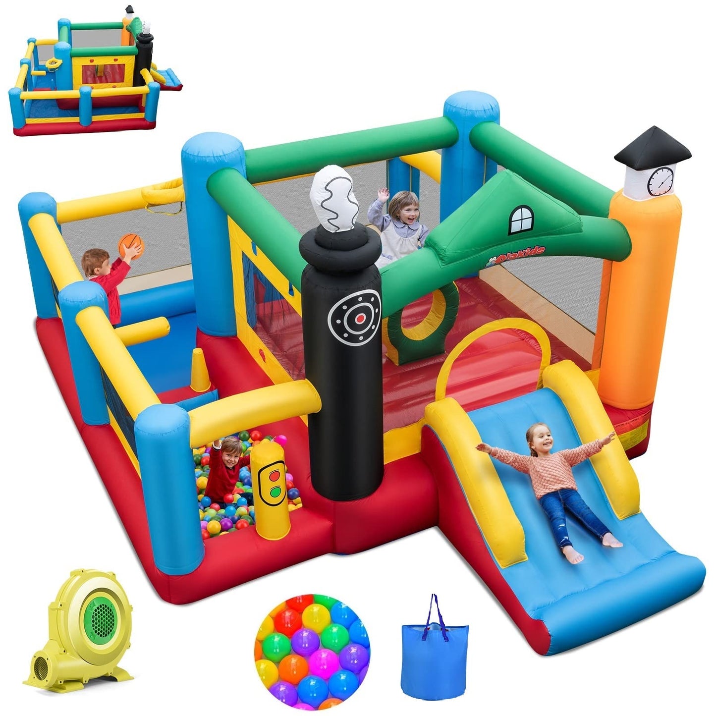 OLAKIDS Inflatable Bounce House, Train Theme Kids Jumping Castle with Slide Ball Pit Basketball Rim