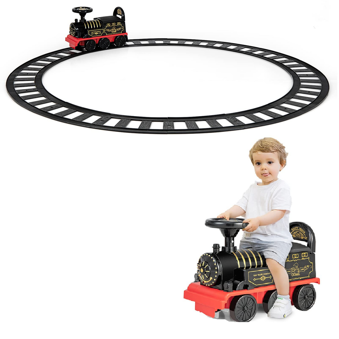 OLAKIDS Kids Ride on Train with Track 6V Electric Toy with Lights and