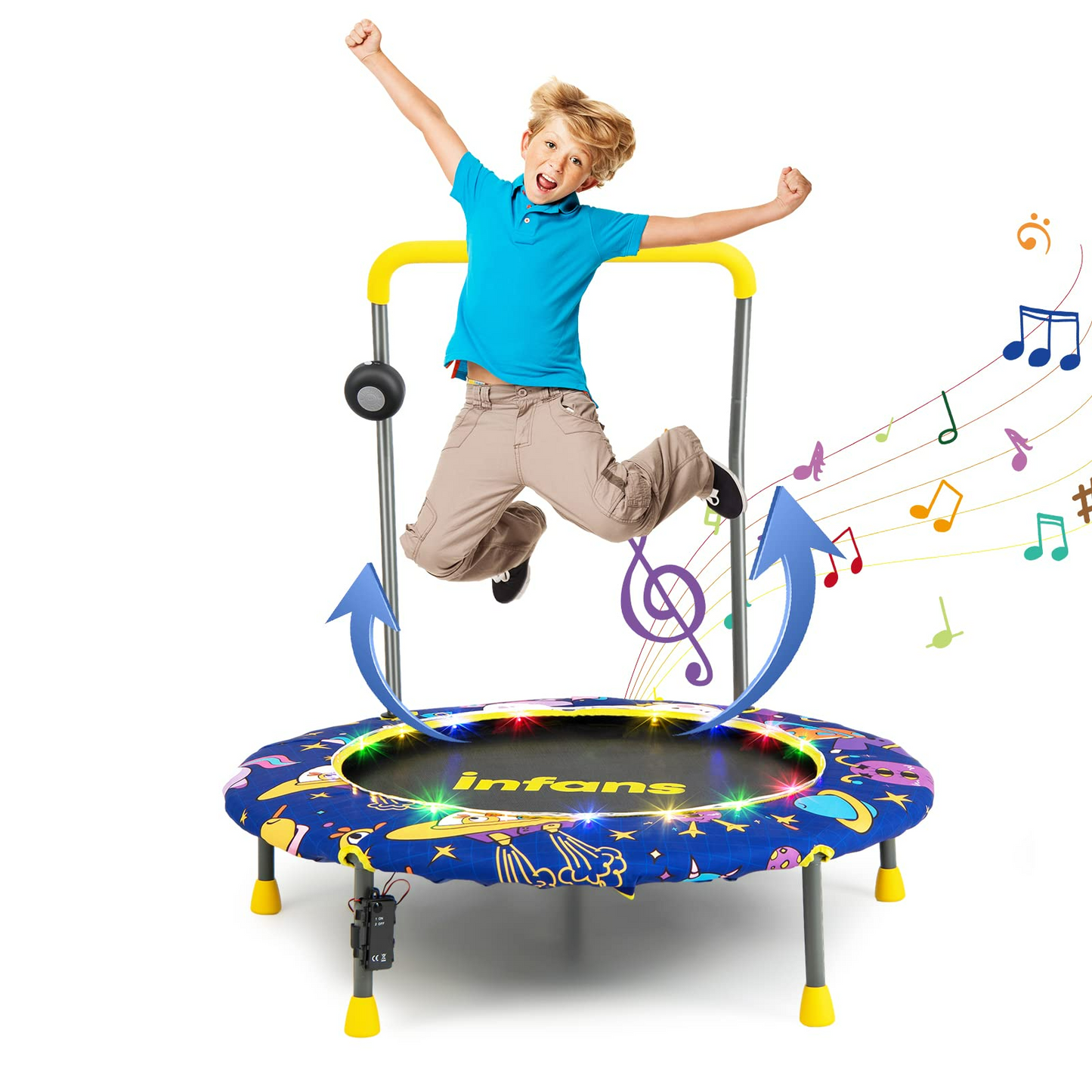 OLAKIDS 36" Foldable Mini Trampoline with Bluetooth Audio LED Lights Detachable Handrail Safty Padded Cover OLAKIDS