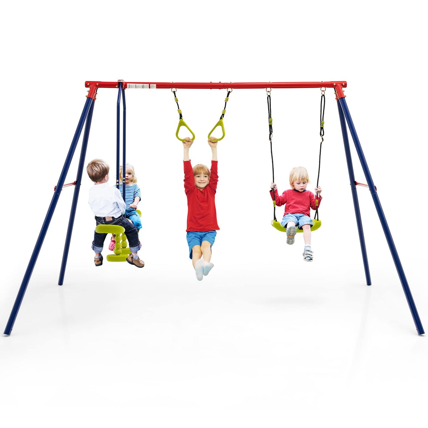 OLAKIDS 440lbs Swing Set, Outdoor 3 in 1 A-Frame Heavy Duty Metal Stand for Kids and Adults, Backyard Playground Activity Playset with Swing Seat, Glider, Trapeze Rings for Toddlers OLAKIDS