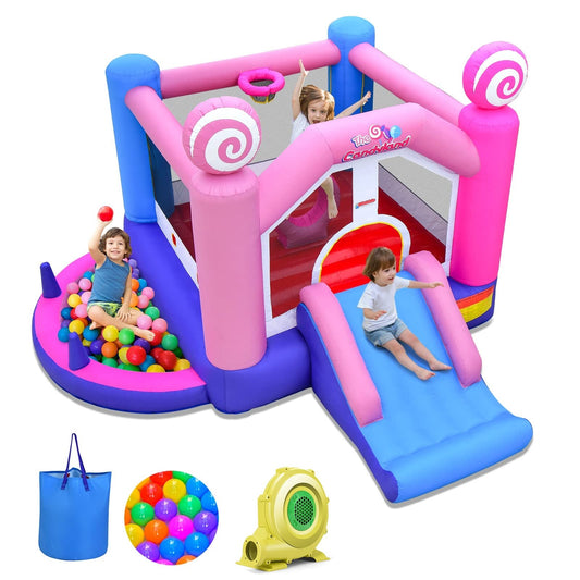 OLAKIDS Inflatable Bounce House, Kids Candyland Pink Jumping Castle with Slide Ball Pit Basketball Rim