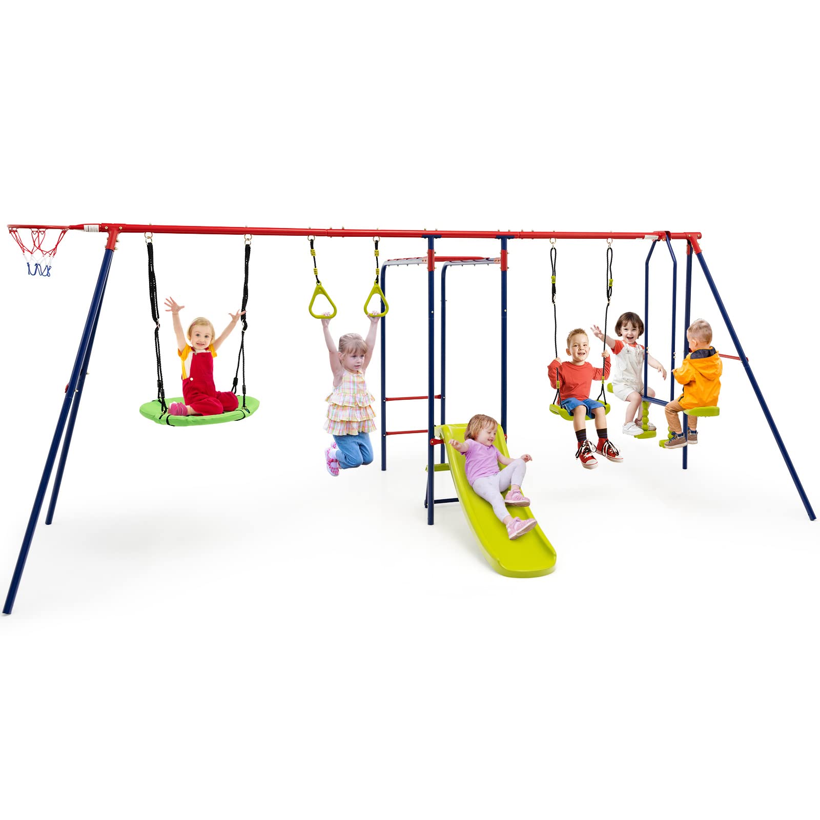 OLAKIDS 660lbs Swing Set, Outdoor A-Frame Heavy Duty Metal Swing Stand for Kids Adults, Backyard Playground Activity Playset with Slide, 2 Swings, Glider, Trapeze Rings, Monkey Bar, Basketball Hoop OLAKIDS