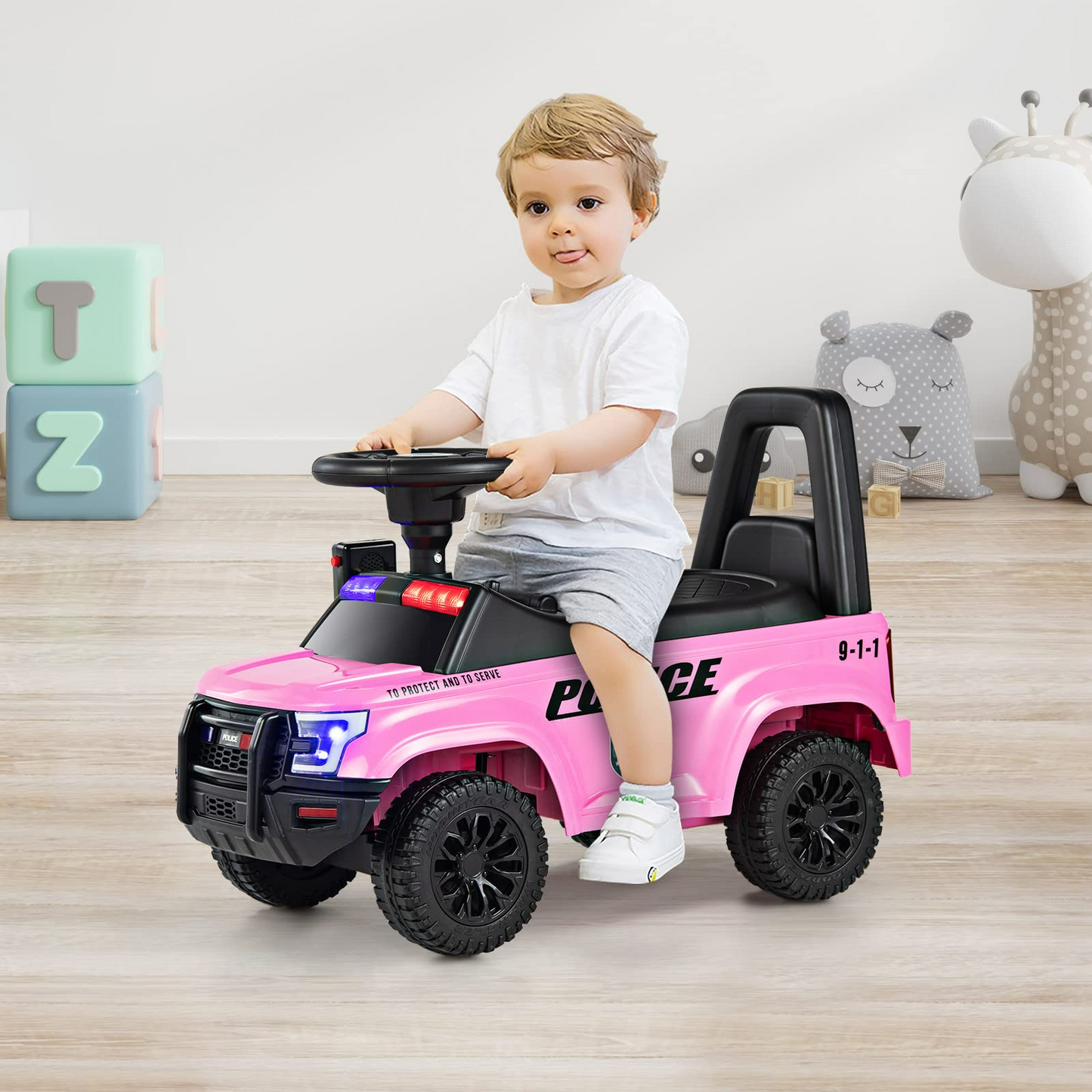 OLAKIDS Ride On Push Police Car Toddler Foot to Floor Sliding Toy wit