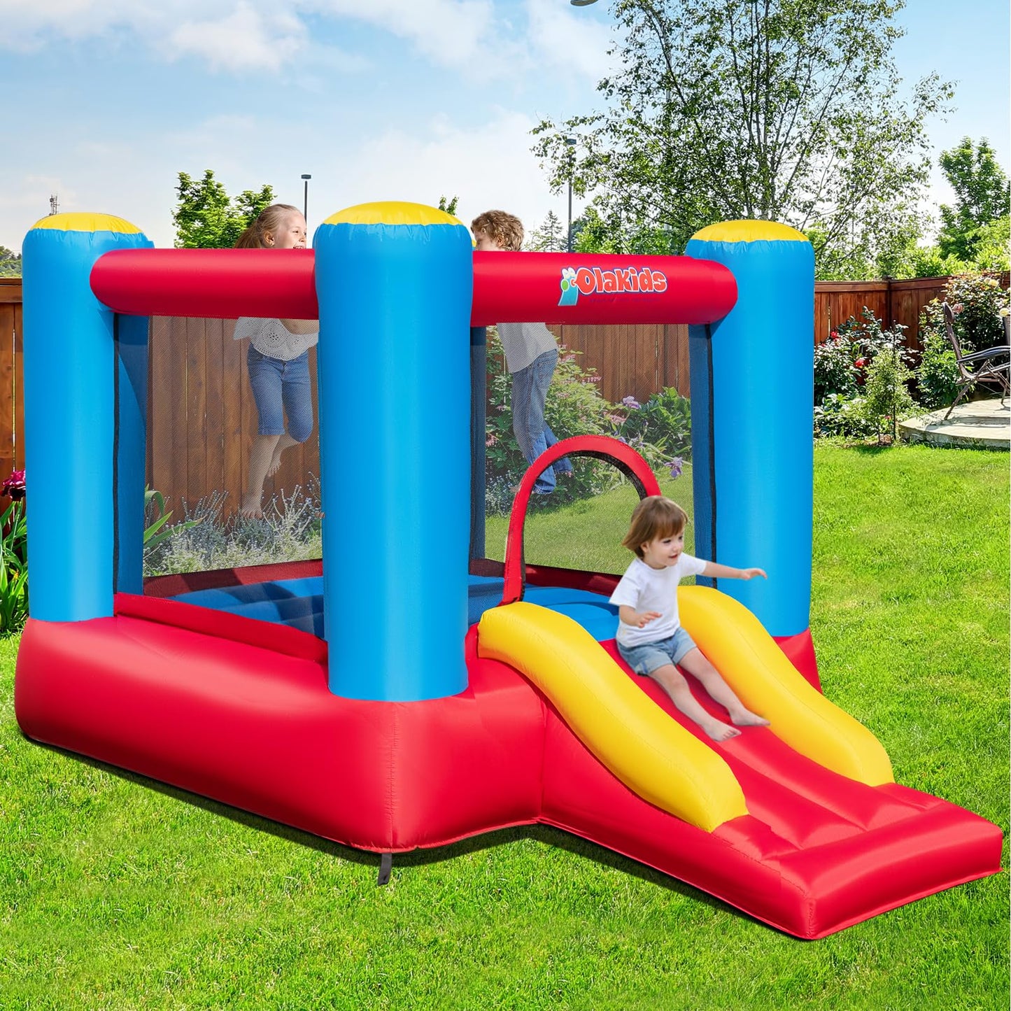 OLAKIDS Inflatable Bounce House, 3 in 1 Kids Jumping Castle, Indoor Outdoor Inflatable Obstacle Course (with 480W Blower)