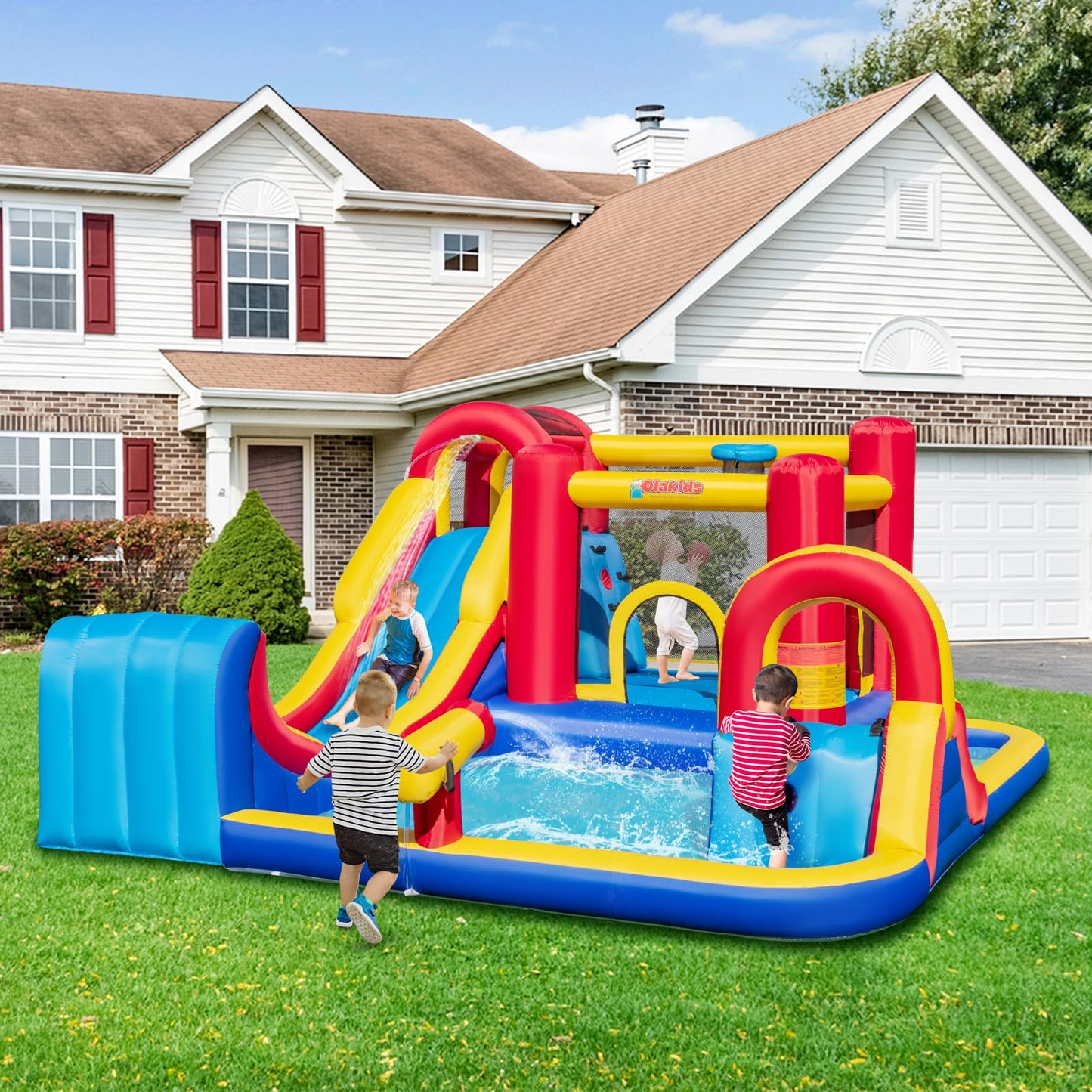 OLAKIDS Inflatable Water Slide, 8 in 1 Bounce House Water Park with 2 Slides Splash Pools, Climbing Wall, Water Gun, Basketball Rim, Outdoor Inflatable Obstacle Course for Kids（without air blower