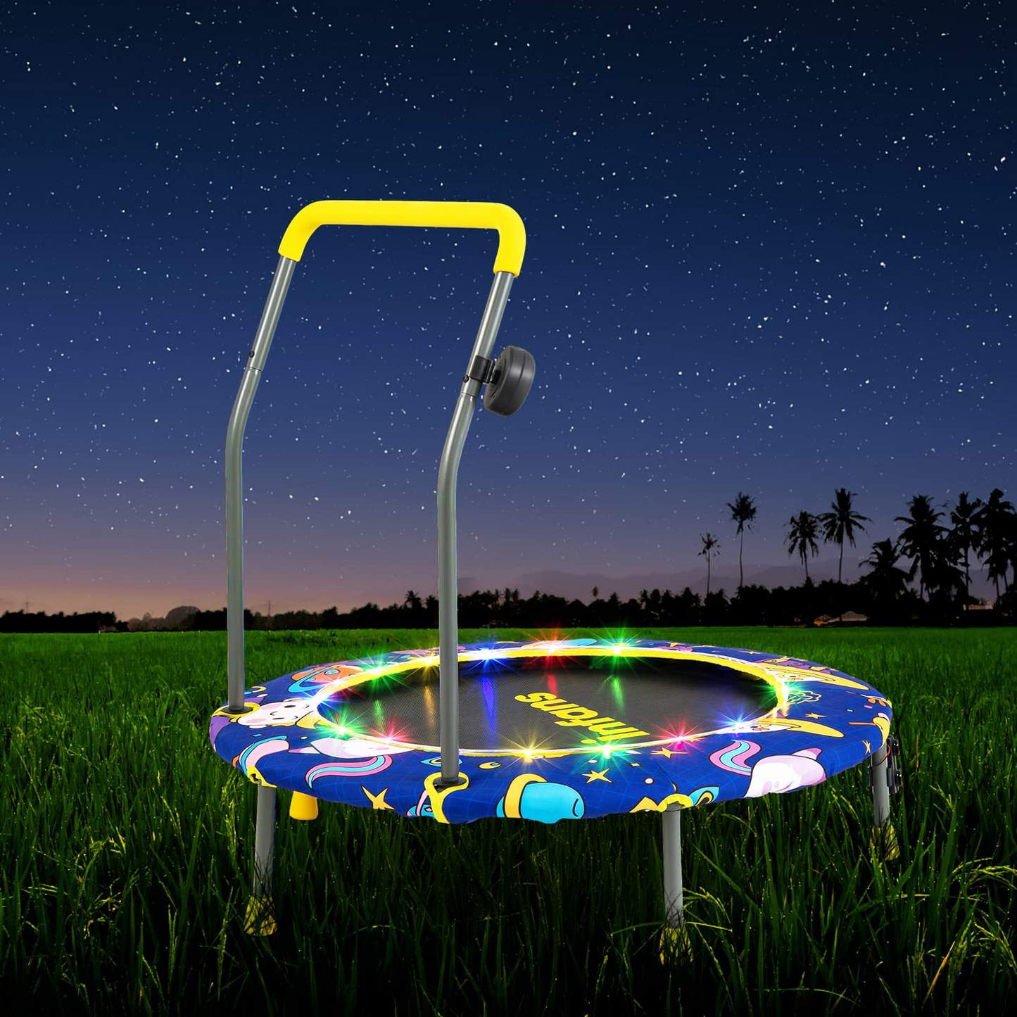 OLAKIDS 36" Foldable Mini Trampoline with Bluetooth Audio LED Lights Detachable Handrail Safty Padded Cover OLAKIDS