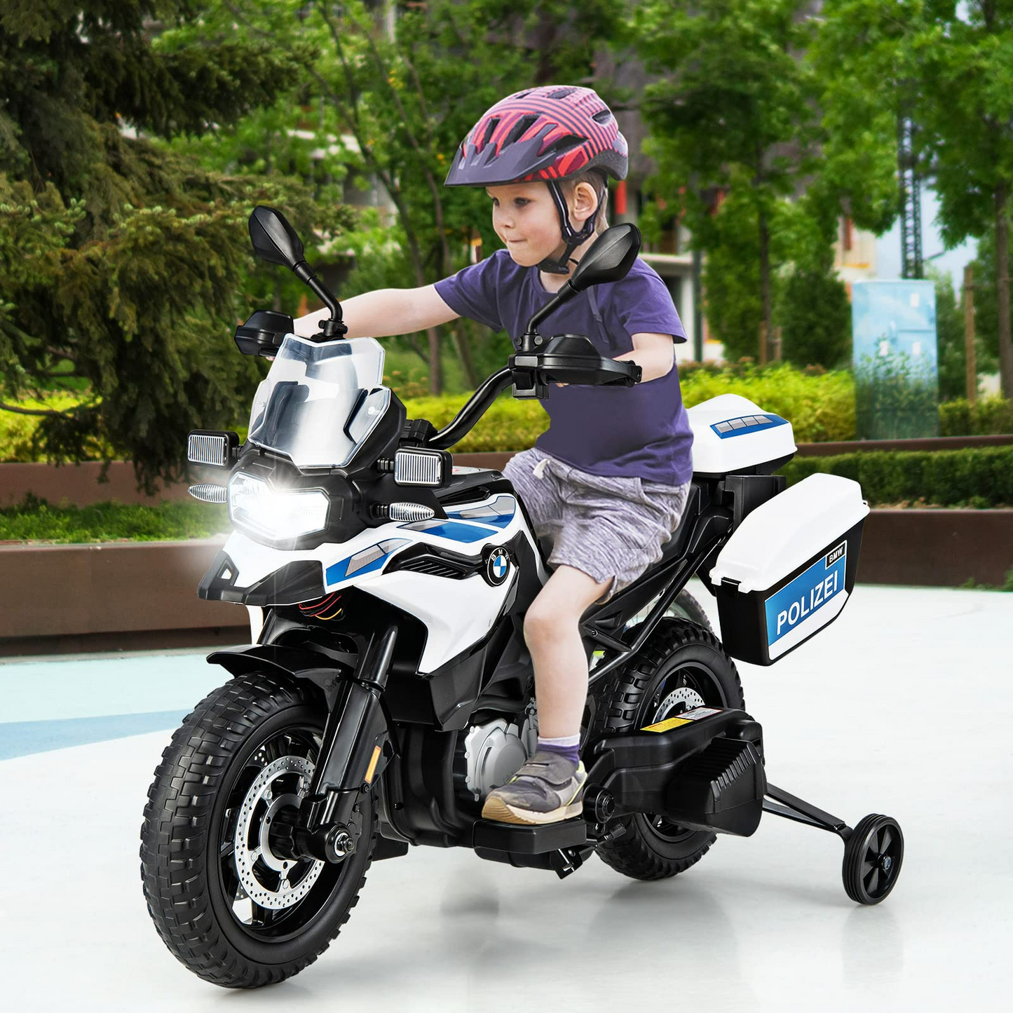 OLAKIDS Kids Motorcycle, 12V Licensed BMW Electric Ride On Police Dirt Bike with Training Wheels OLAKIDS