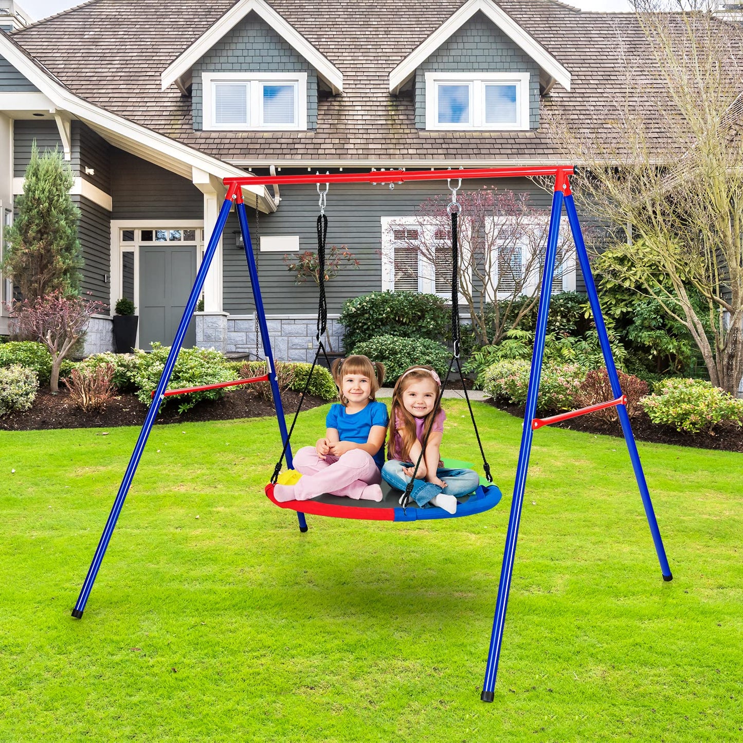 OLAKIDS Swing Sets for Backyard, Heavy Duty A-Frame Metal Swing Frame Stand, Outdoor Playground Play Set Toy