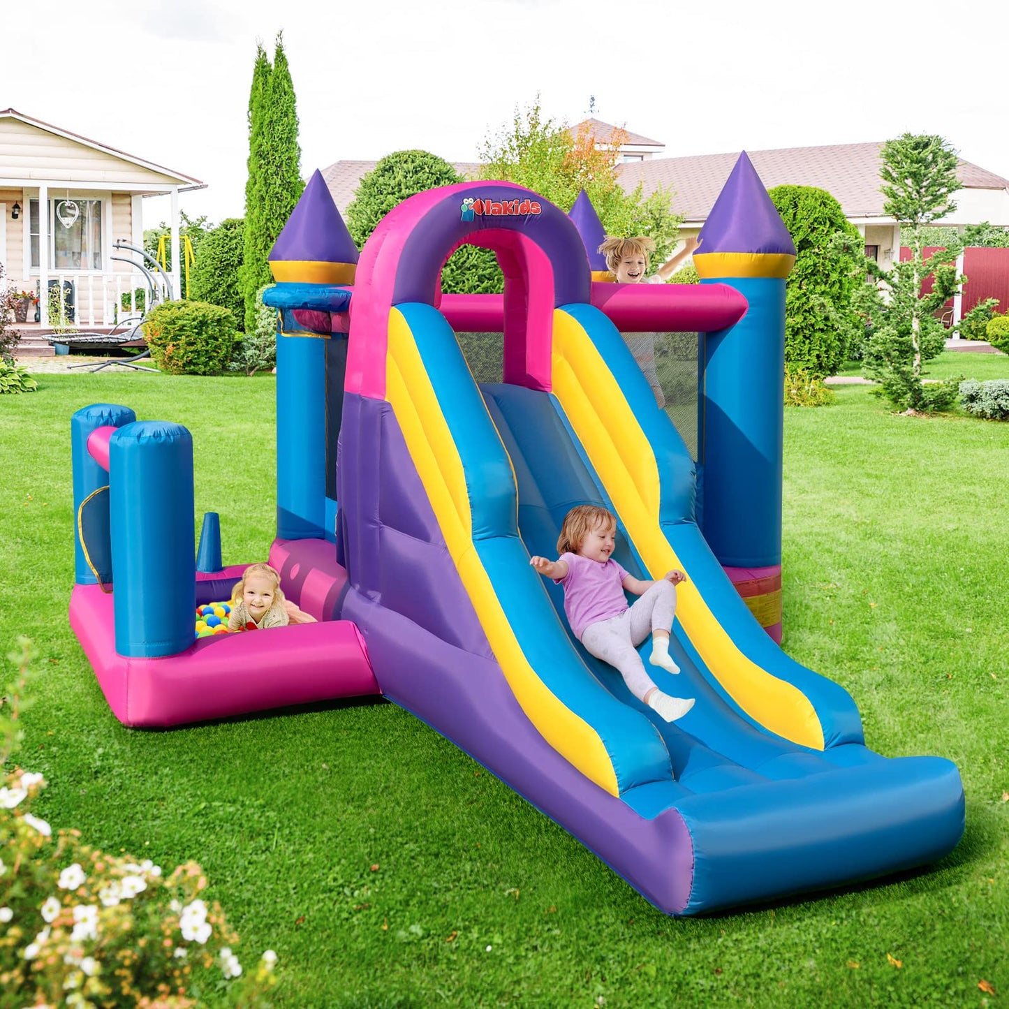 OLAKIDS Inflatable Bounce House, Kids Pink Jumping Castle with Slide, Ball Pit, Climbing Wall, Basketball Rim