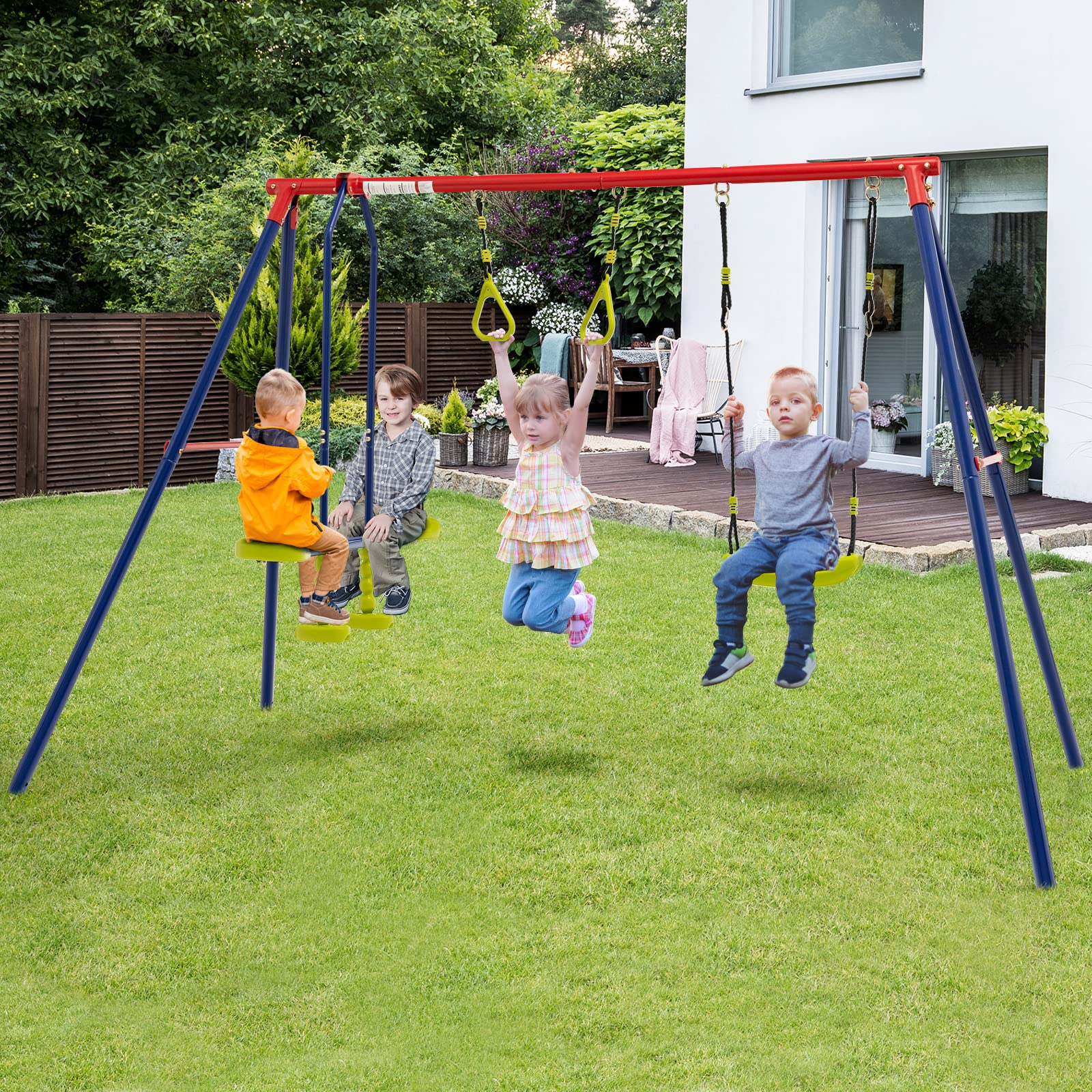 OLAKIDS 440lbs Swing Set, Outdoor 3 in 1 A-Frame Heavy Duty Metal Stand for Kids and Adults, Backyard Playground Activity Playset with Swing Seat, Glider, Trapeze Rings for Toddlers OLAKIDS