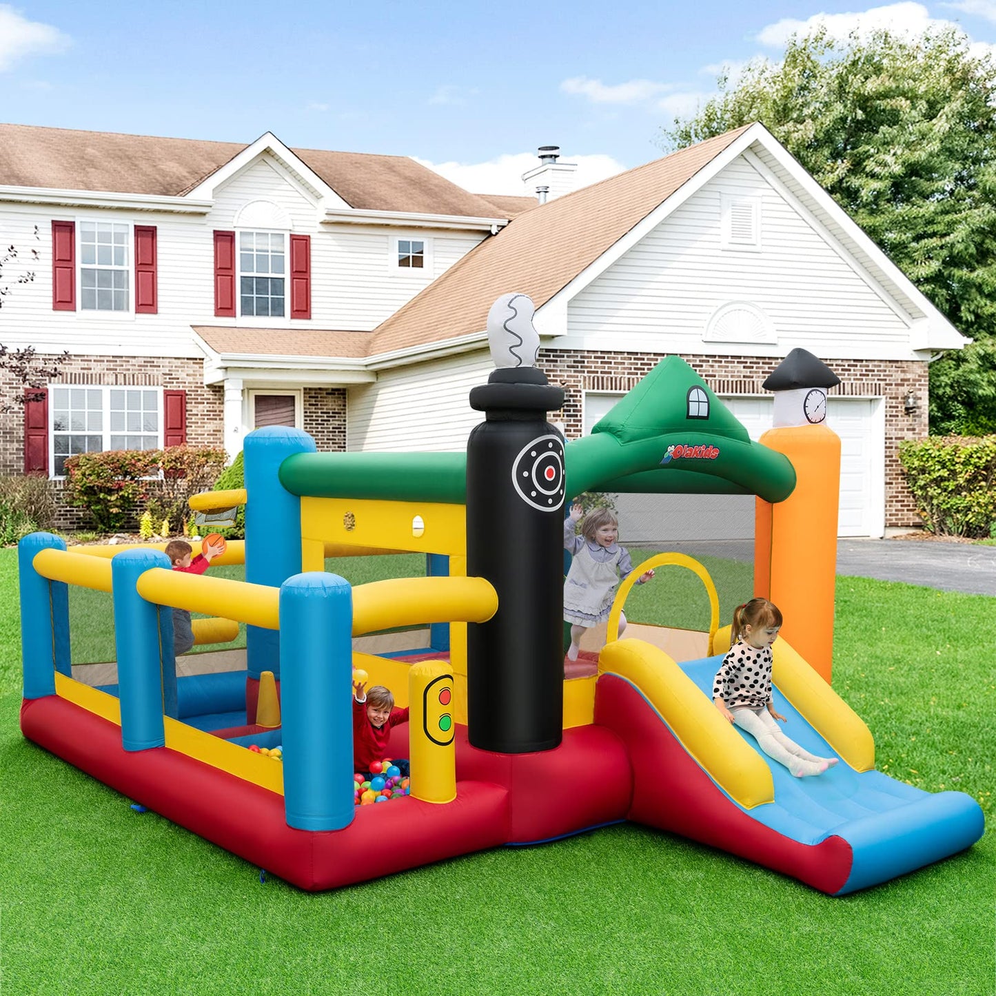 OLAKIDS Inflatable Bounce House, Train Theme Kids Jumping Castle with Slide Ball Pit Basketball Rim