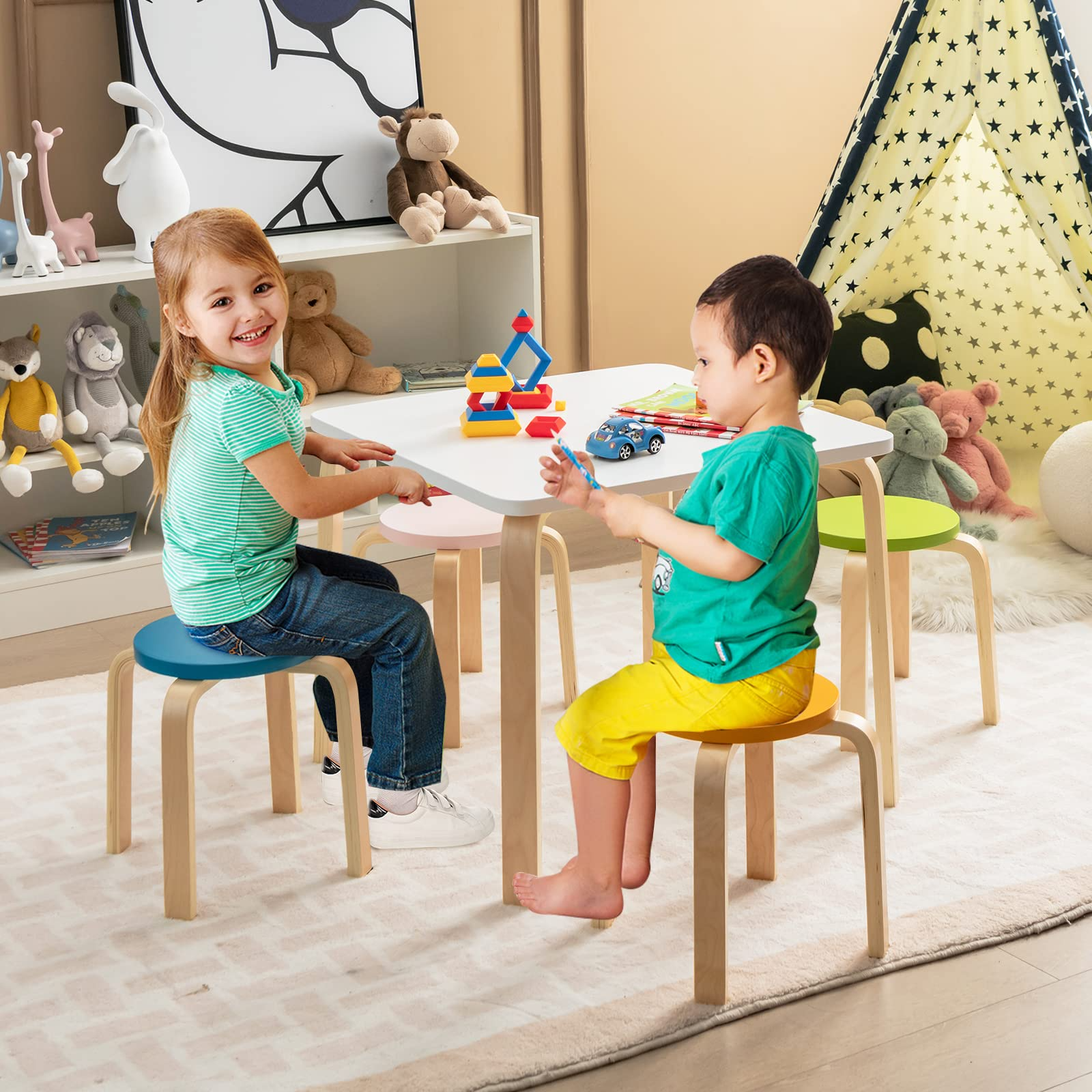 5-Piece Activity Table with 4 Stool for Toddler Drawing Reading OLAKIDS