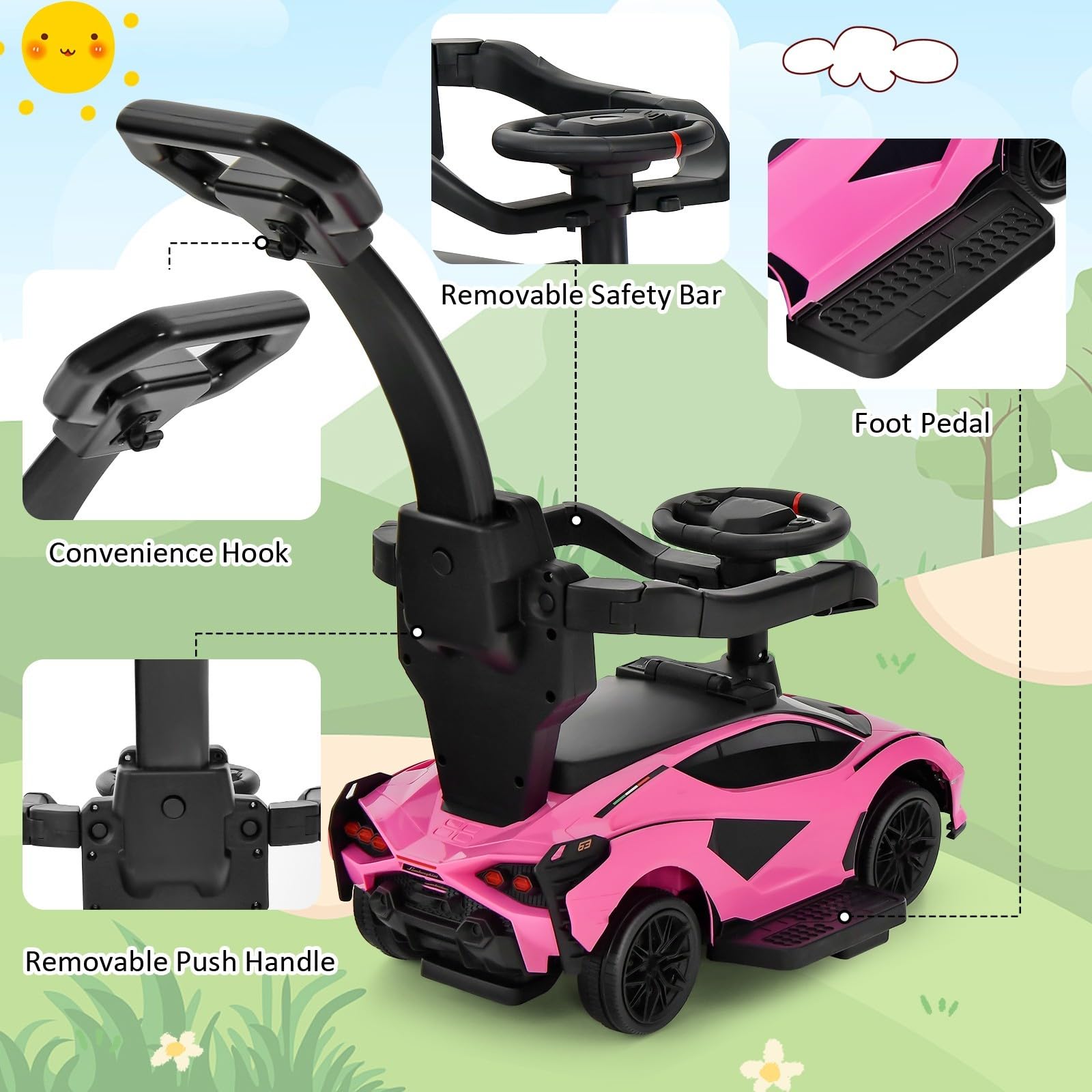 OLAKIDS 3 in 1 Ride on Push Car, Licensed Lamborghini Baby Stroller Sliding Walking Car