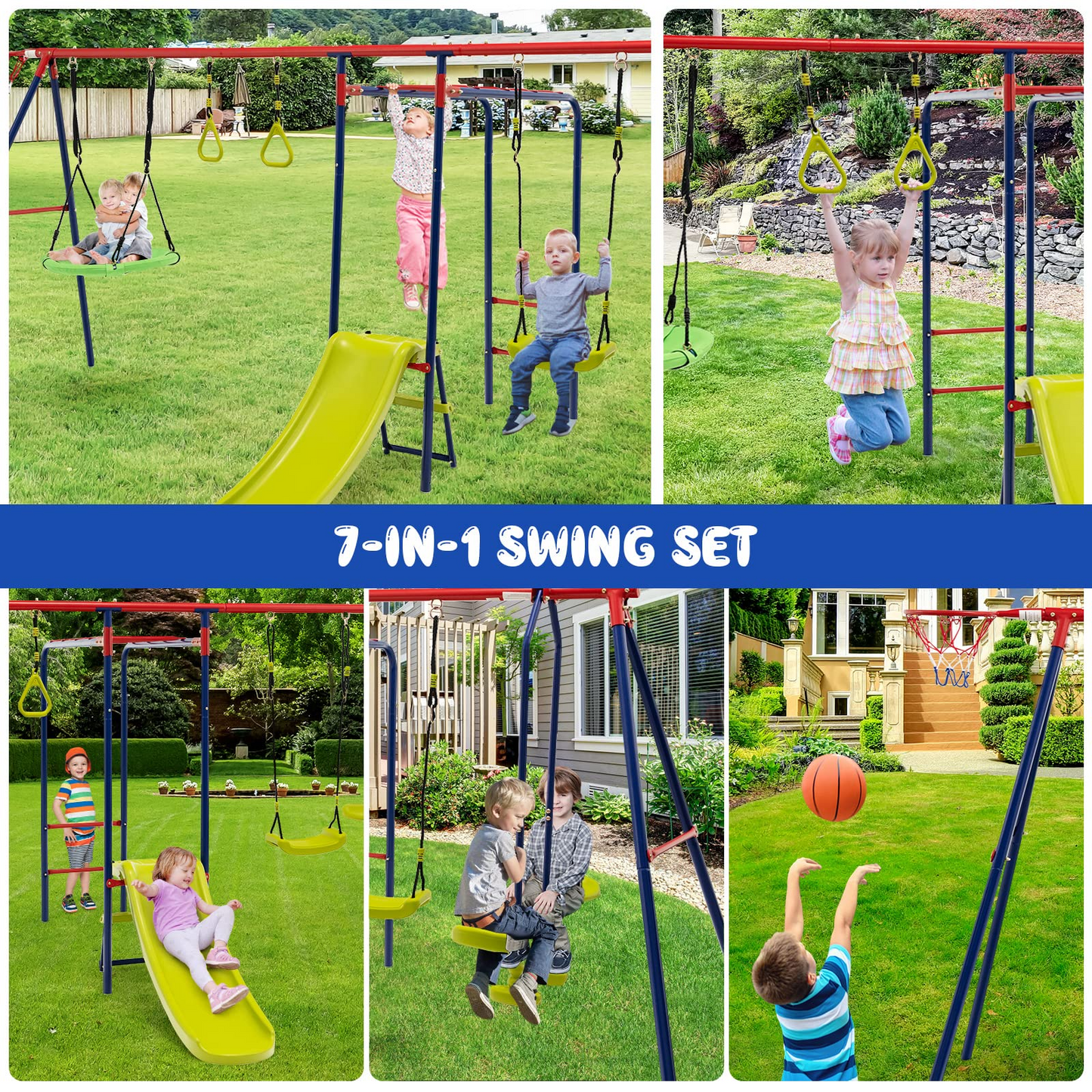 OLAKIDS 660lbs Swing Set, Outdoor A-Frame Heavy Duty Metal Swing Stand for Kids Adults, Backyard Playground Activity Playset with Slide, 2 Swings, Glider, Trapeze Rings, Monkey Bar, Basketball Hoop OLAKIDS