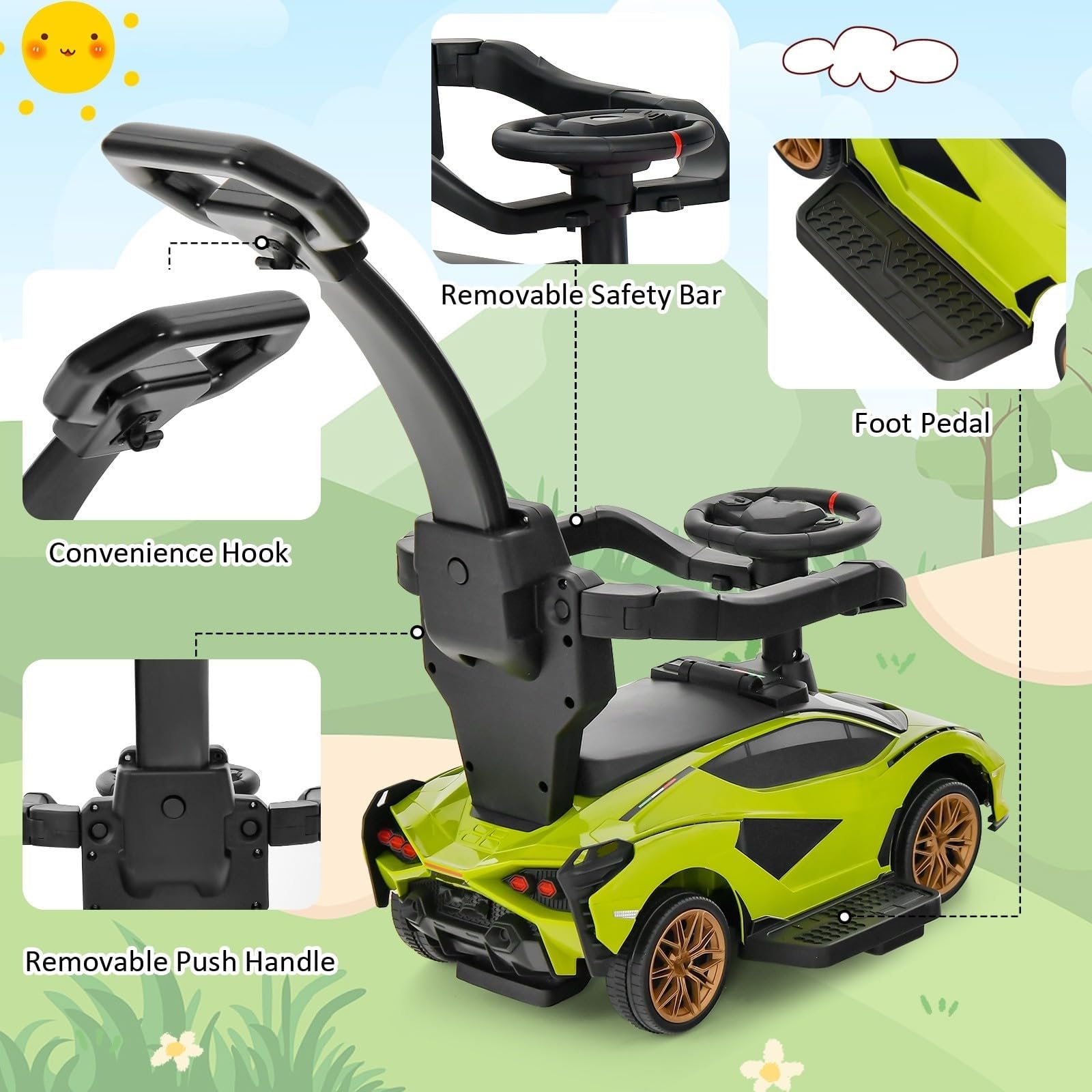 OLAKIDS 3 in 1 Ride on Push Car, Licensed Lamborghini Baby Stroller Sliding Walking Car