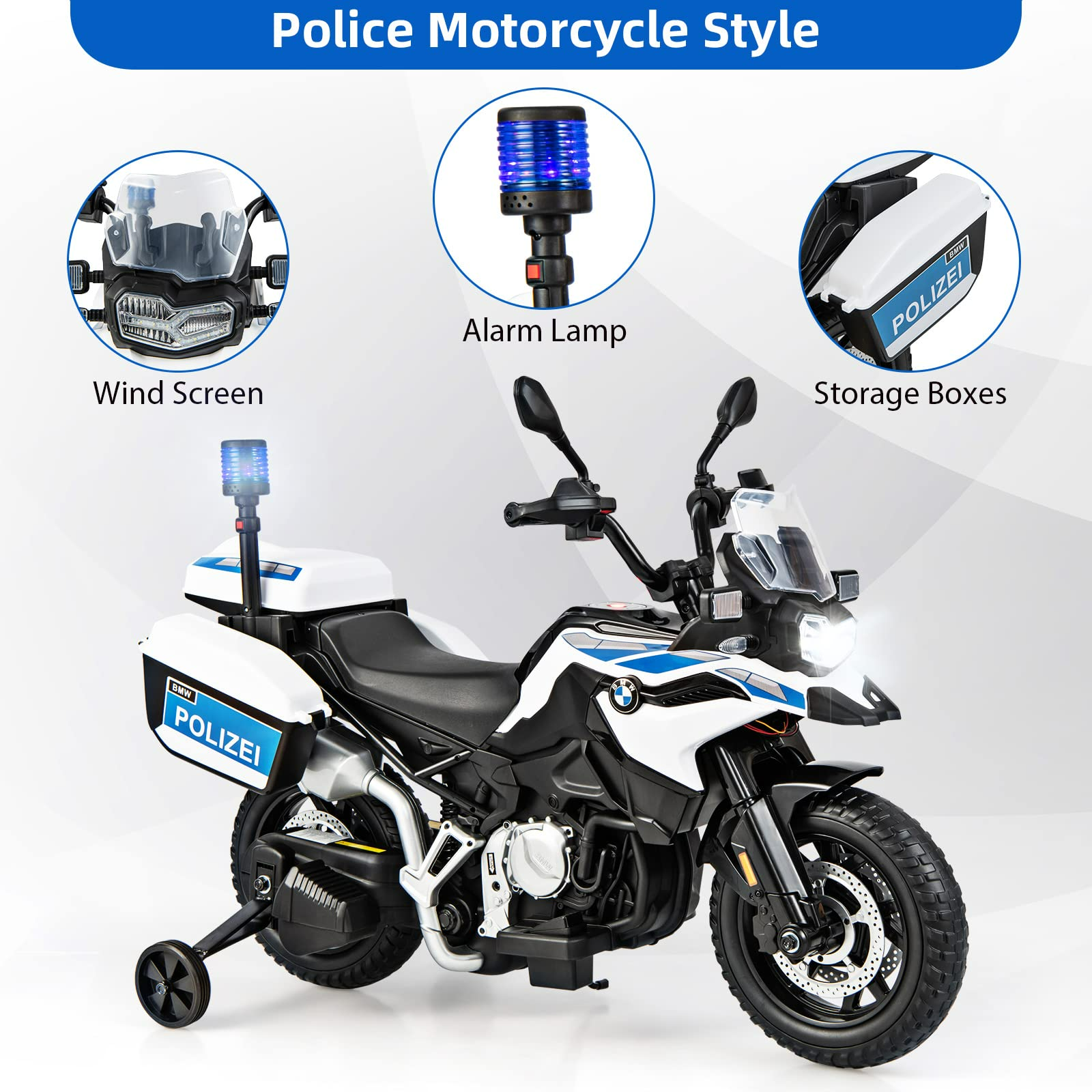 OLAKIDS Kids Motorcycle, 12V Licensed BMW Electric Ride On Police Dirt Bike with Training Wheels OLAKIDS