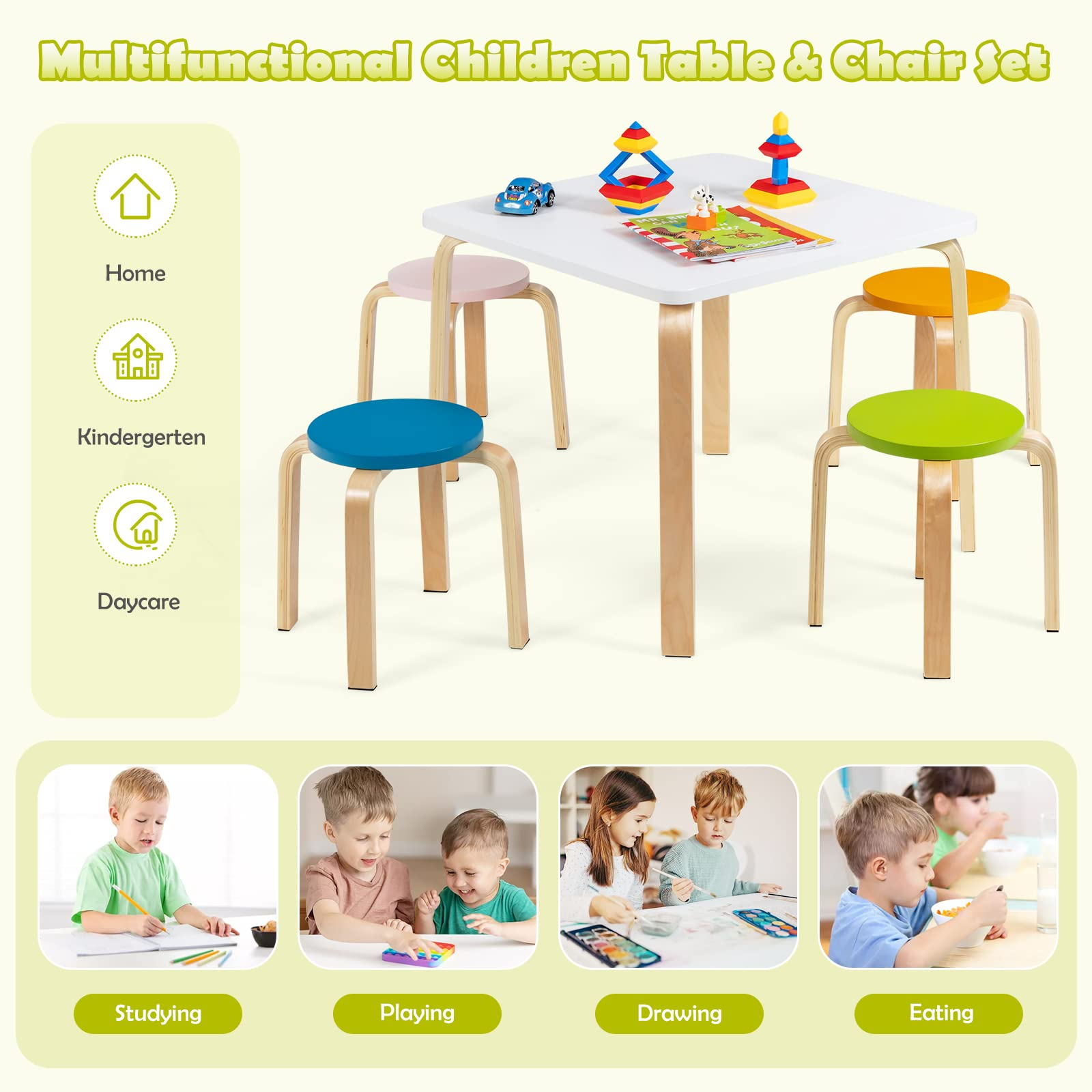 5-Piece Activity Table with 4 Stool for Toddler Drawing Reading OLAKIDS