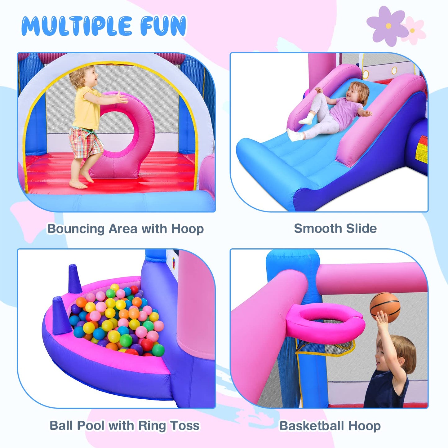 OLAKIDS Inflatable Bounce House, Kids Candyland Pink Jumping Castle with Slide Ball Pit Basketball Rim