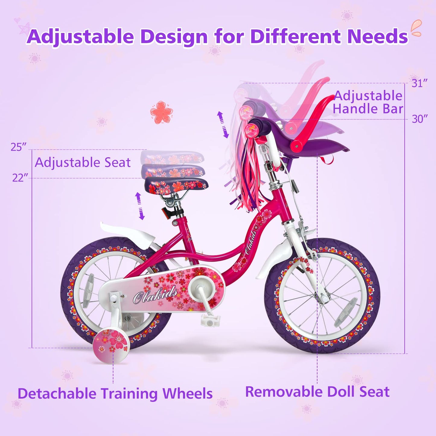 OLAKIDS Kids Bike for Girls, 14 16 Inch Children's Bicycle with Removable Training Wheels and Doll Seat