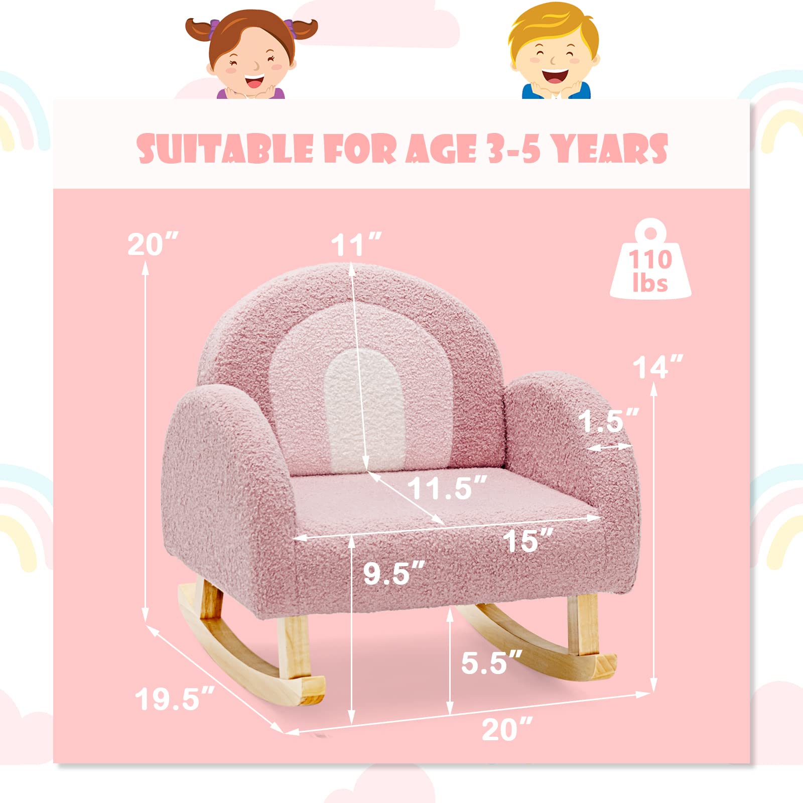 OLAKIDS Kids Sofa, Toddler Rocking Chair with Solid Wooden Frame, Anti-Tipping Design, Plush Fabric, Children Armchair OLAKIDS