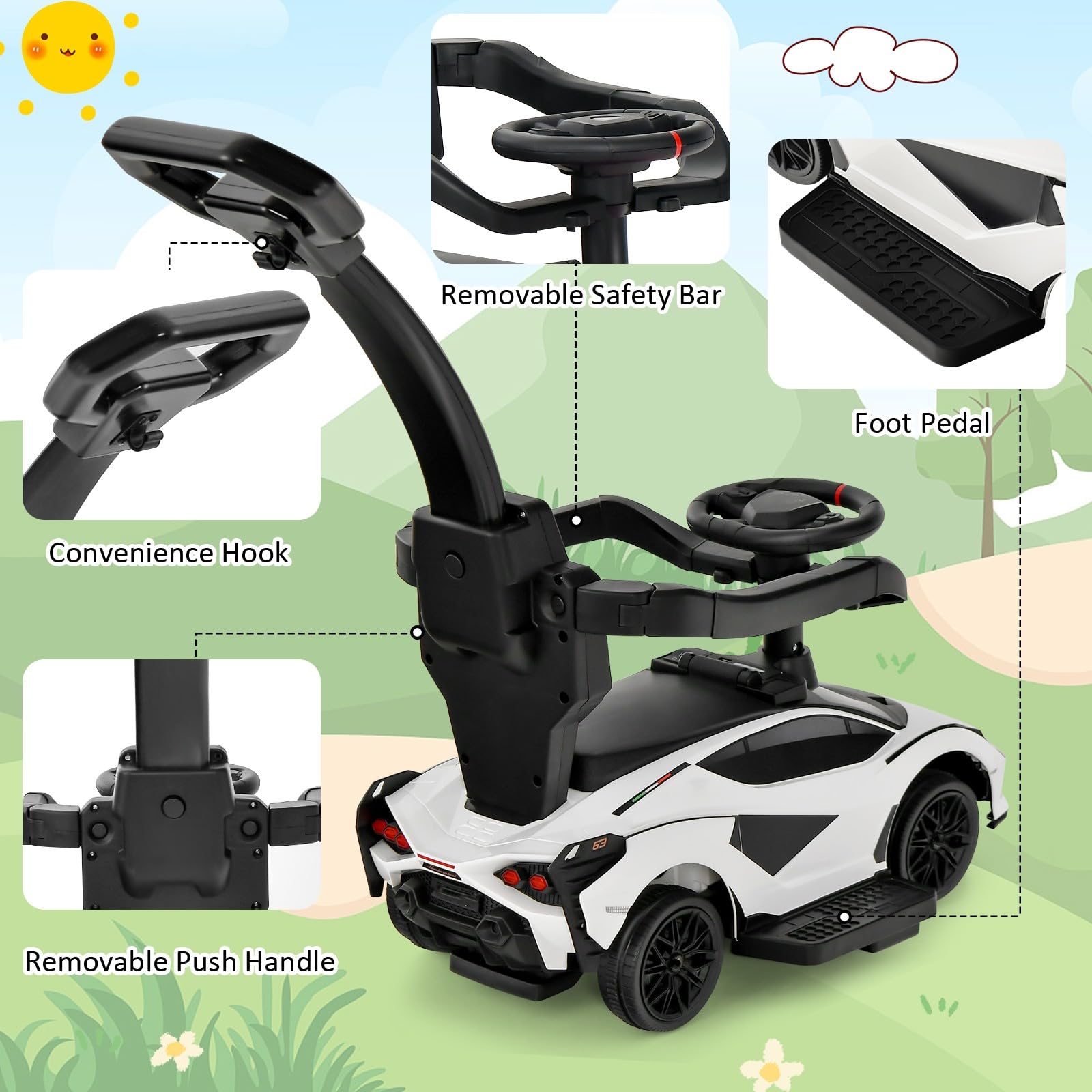OLAKIDS 3 in 1 Ride on Push Car, Licensed Lamborghini Baby Stroller Sliding Walking Car
