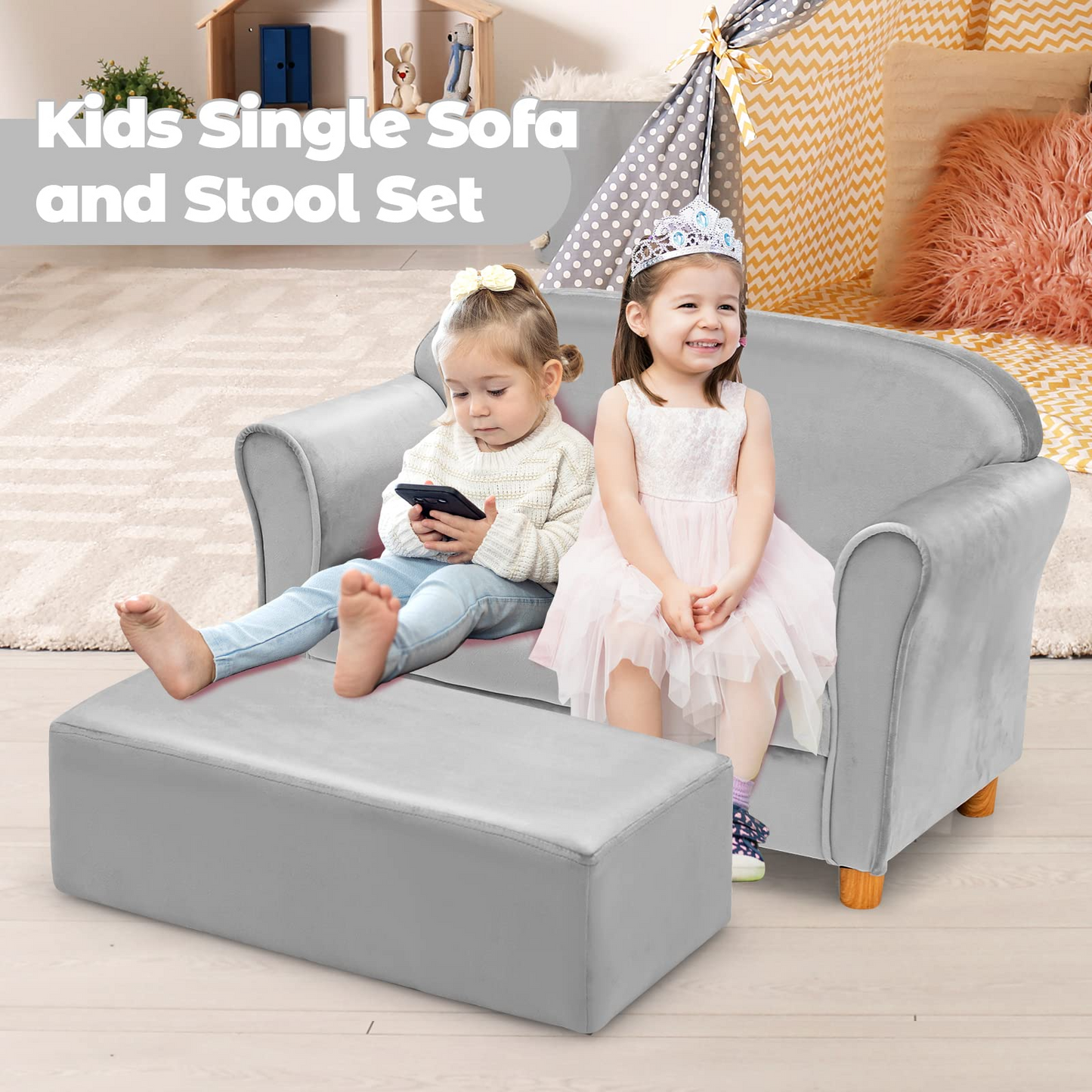 OLAKIDS Kids Sofa with Footstool, 2 Seat Toddler Upholstered Couch, Children Armrest Chair Lounge for Bedroom Nursery Kindergarten Kids Room Boys Girls OLAKIDS