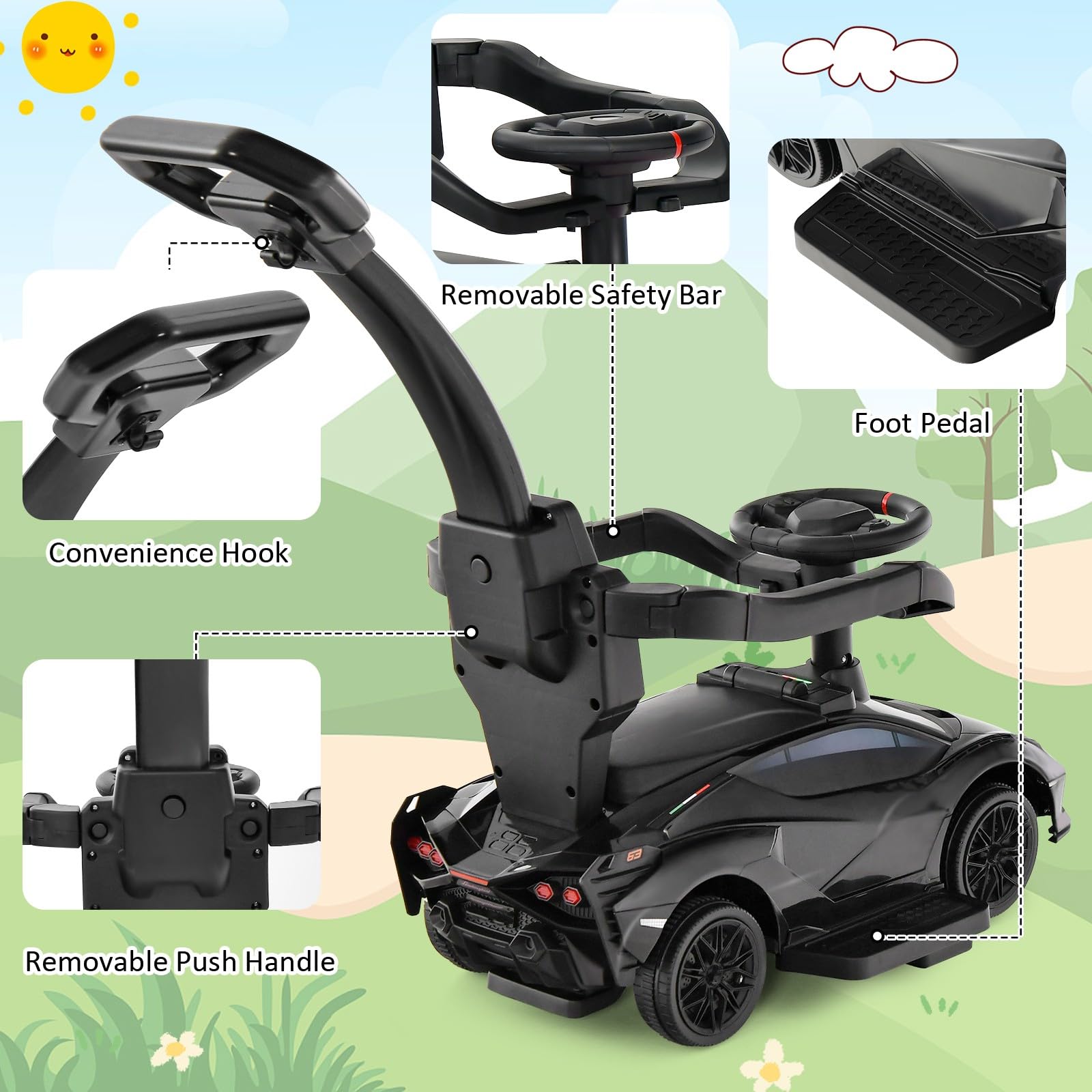 OLAKIDS 3 in 1 Ride on Push Car, Licensed Lamborghini Baby Stroller Sliding Walking Car