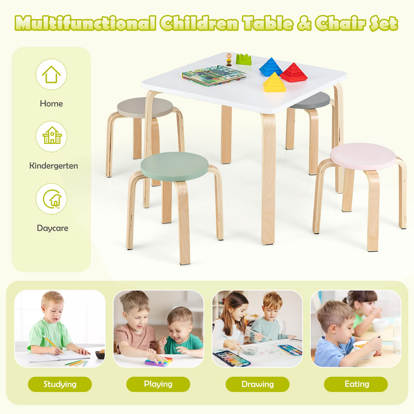 5-Piece Activity Table with 4 Stool for Toddler Drawing Reading OLAKIDS