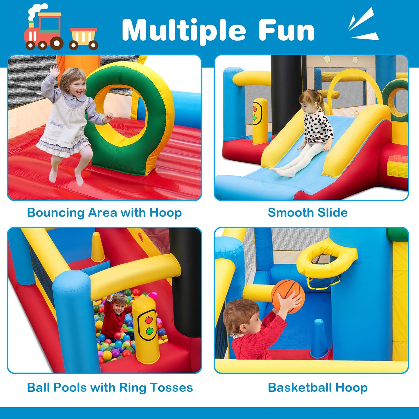 OLAKIDS Inflatable Bounce House, Train Theme Kids Jumping Castle with Slide Ball Pit Basketball Rim