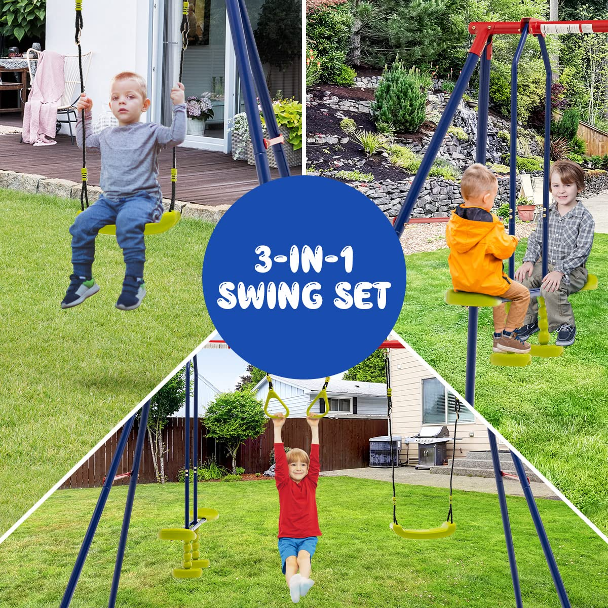 OLAKIDS 440lbs Swing Set, Outdoor 3 in 1 A-Frame Heavy Duty Metal Stand for Kids and Adults, Backyard Playground Activity Playset with Swing Seat, Glider, Trapeze Rings for Toddlers OLAKIDS