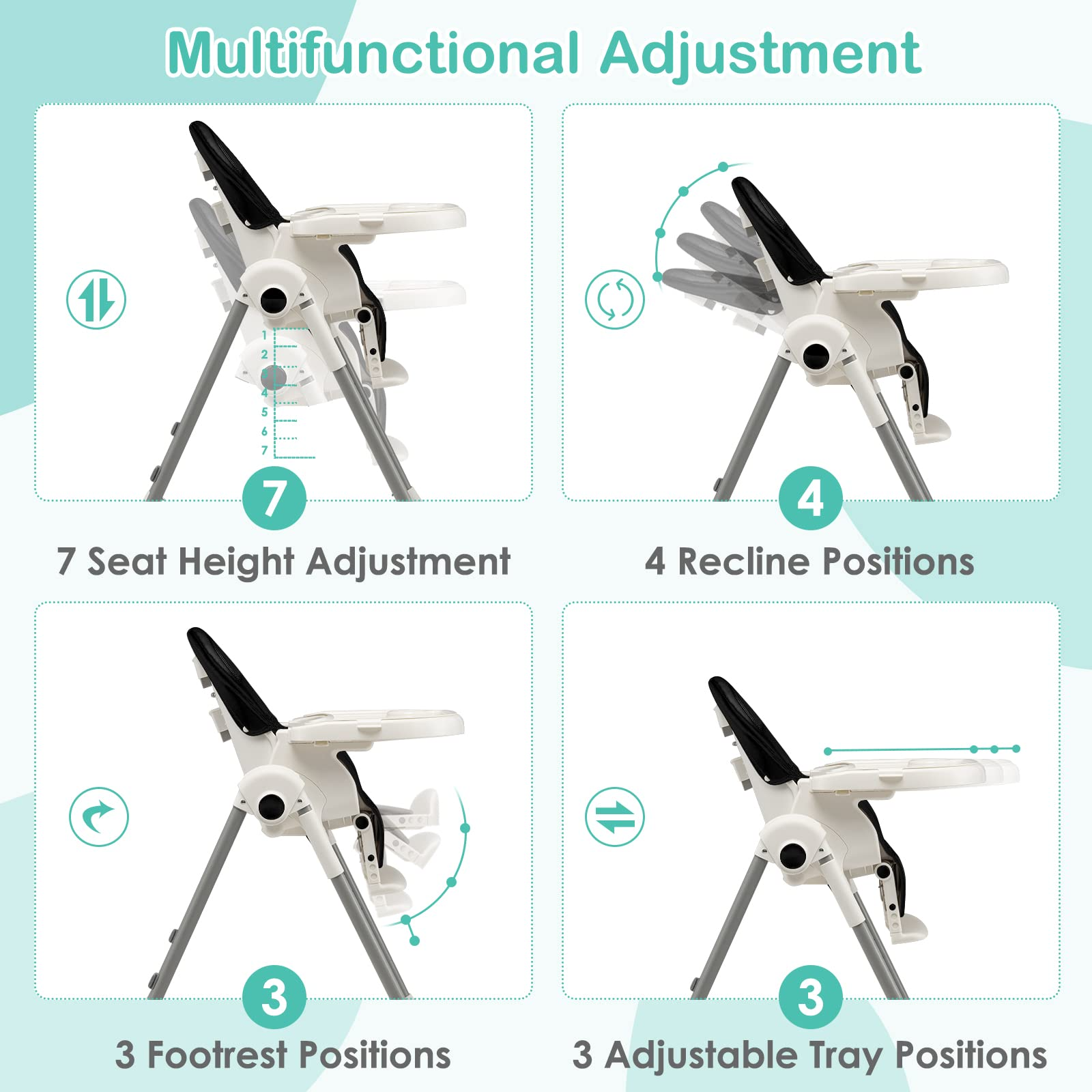 OLAKIDS High Chair for Babies and Toddlers, Foldable Highchair with 7 Different Heights 4 Reclining Backrest Seat 3 Setting Footrest OLAKIDS
