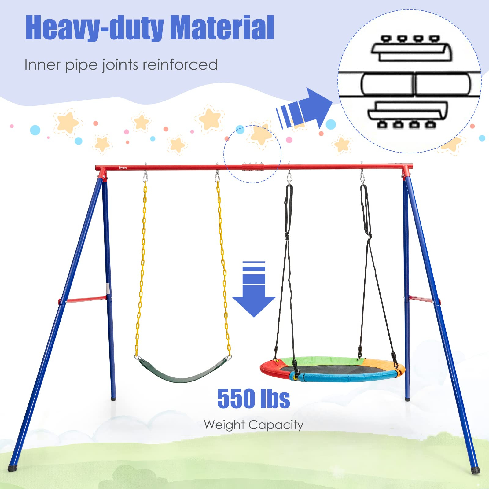 2 Seat Swing Stand Set | 550 lbs Heavy Duty Metal Swing Frame OLAKIDS