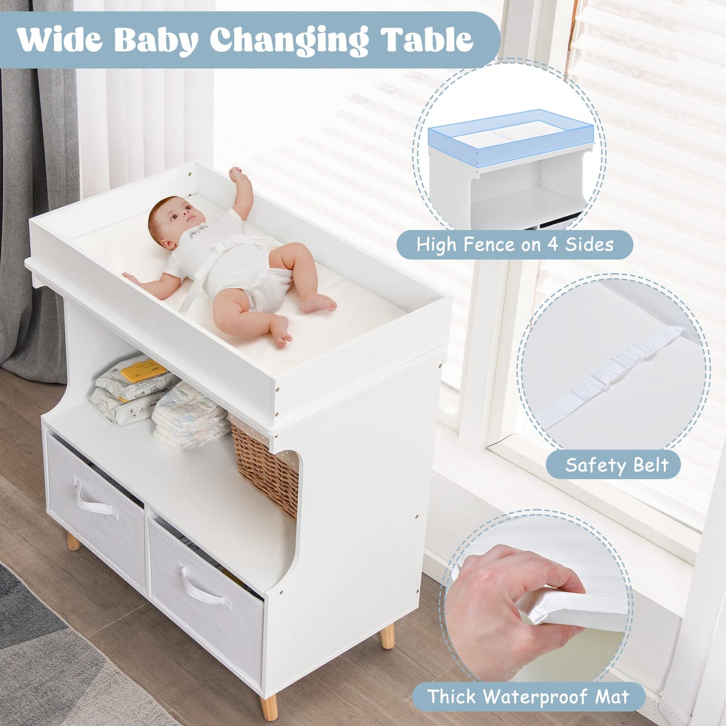 OLAKIDS Baby Changing Table, Wood Diaper Dresser Station with Waterproof Pad 2 Storage Baskets Drawers Shelves and Safety Belt