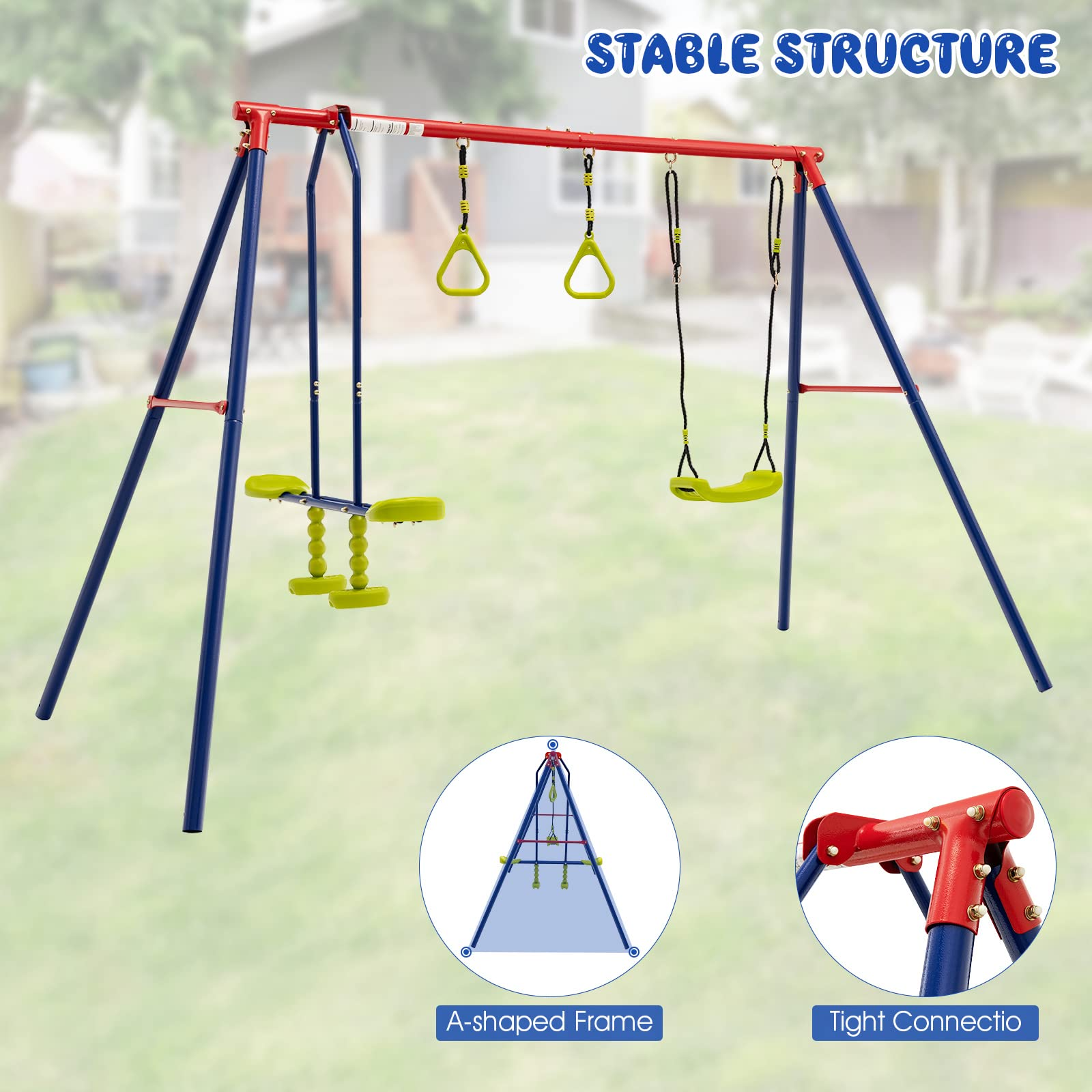 OLAKIDS 440lbs Swing Set, Outdoor 3 in 1 A-Frame Heavy Duty Metal Stand for Kids and Adults, Backyard Playground Activity Playset with Swing Seat, Glider, Trapeze Rings for Toddlers OLAKIDS